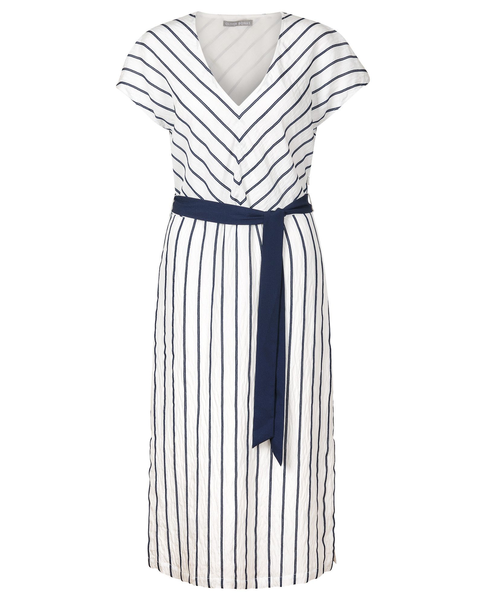 Striped White V-Neck Midi Dress | Oliver Bonas