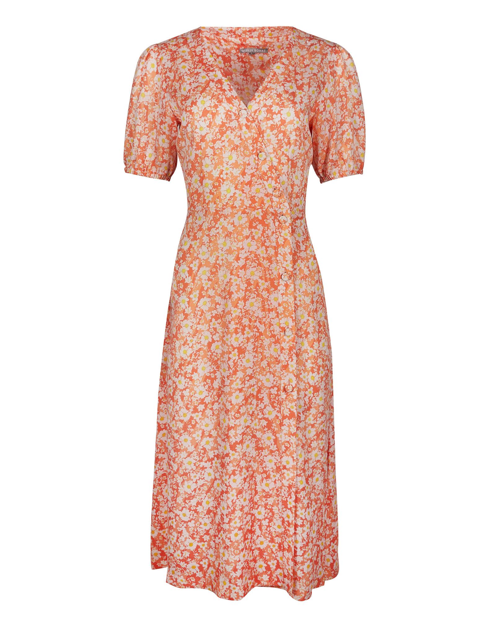 Wild Daisy Floral Print Orange Midi Wrap Dress | Oliver Bonas