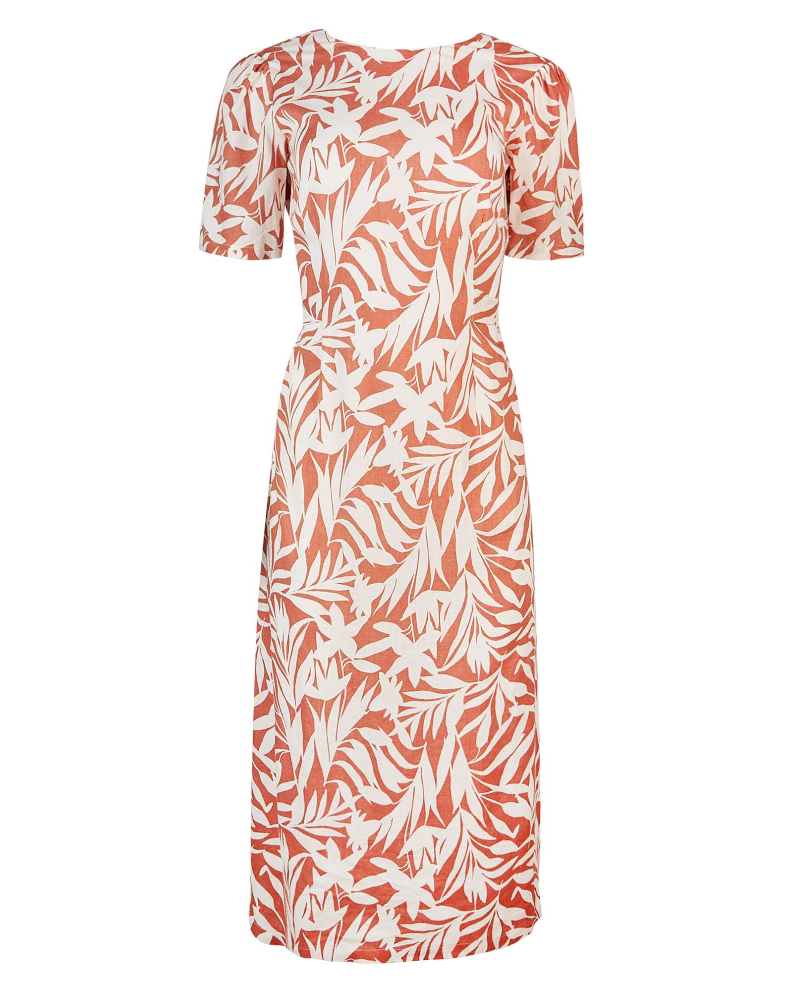 Shadow Palm Print Brown Open Back Midi Dress | Oliver Bonas