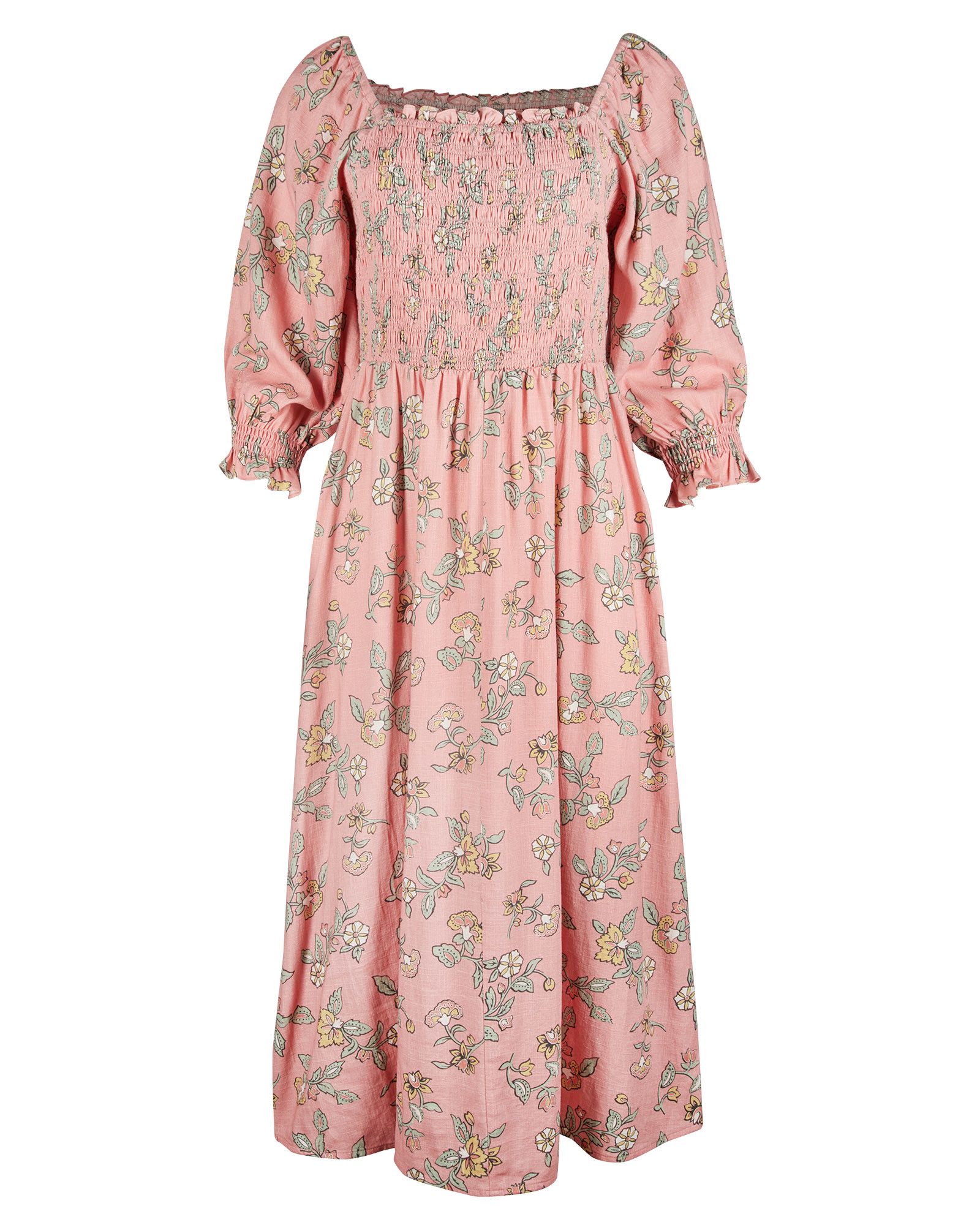 Floral Print Shirred Pink Midi Dress | Oliver Bonas US