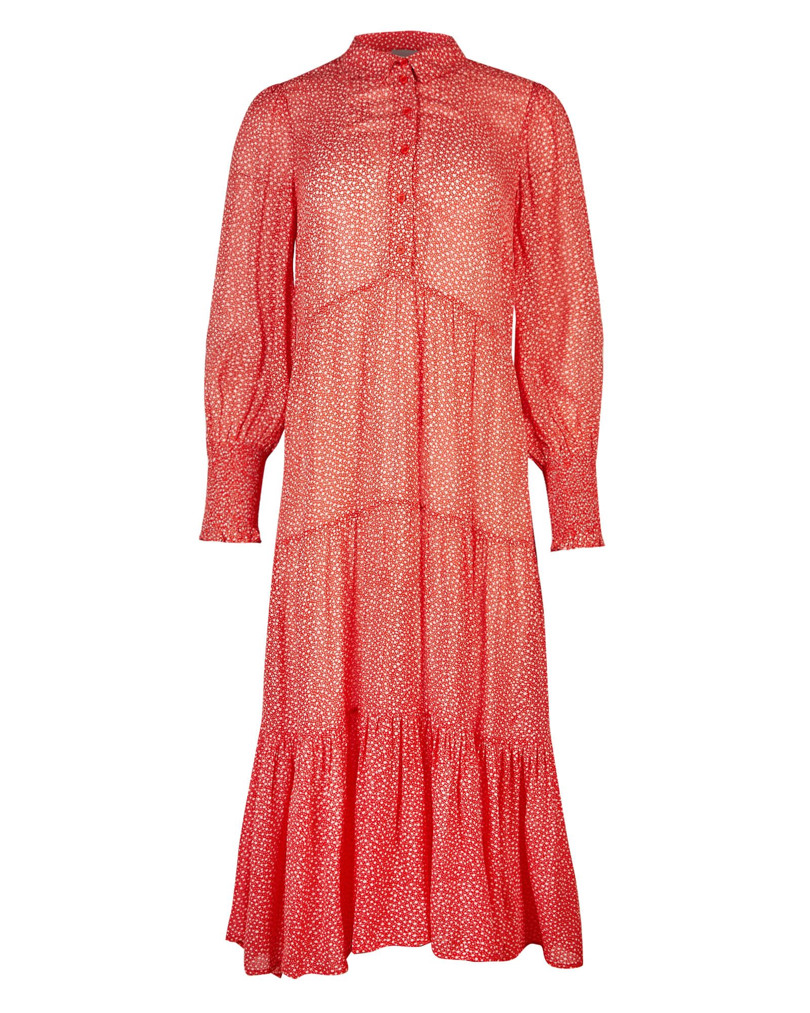 Joyful Polka Dot Red Tiered Shirt Midi Dress | Oliver Bonas