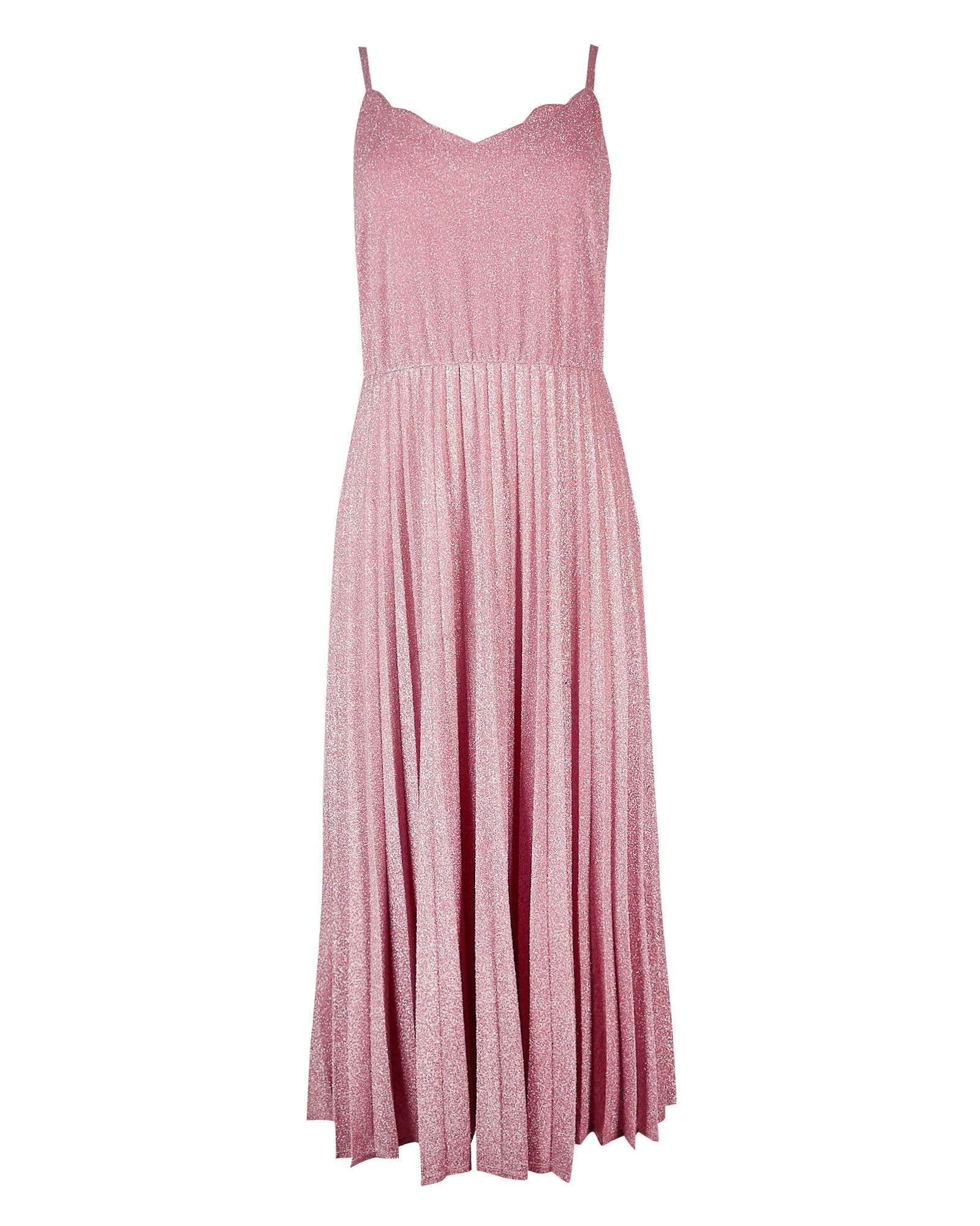 Shimmer Pink Scallop Neck Pleated Midi Dress | Oliver Bonas