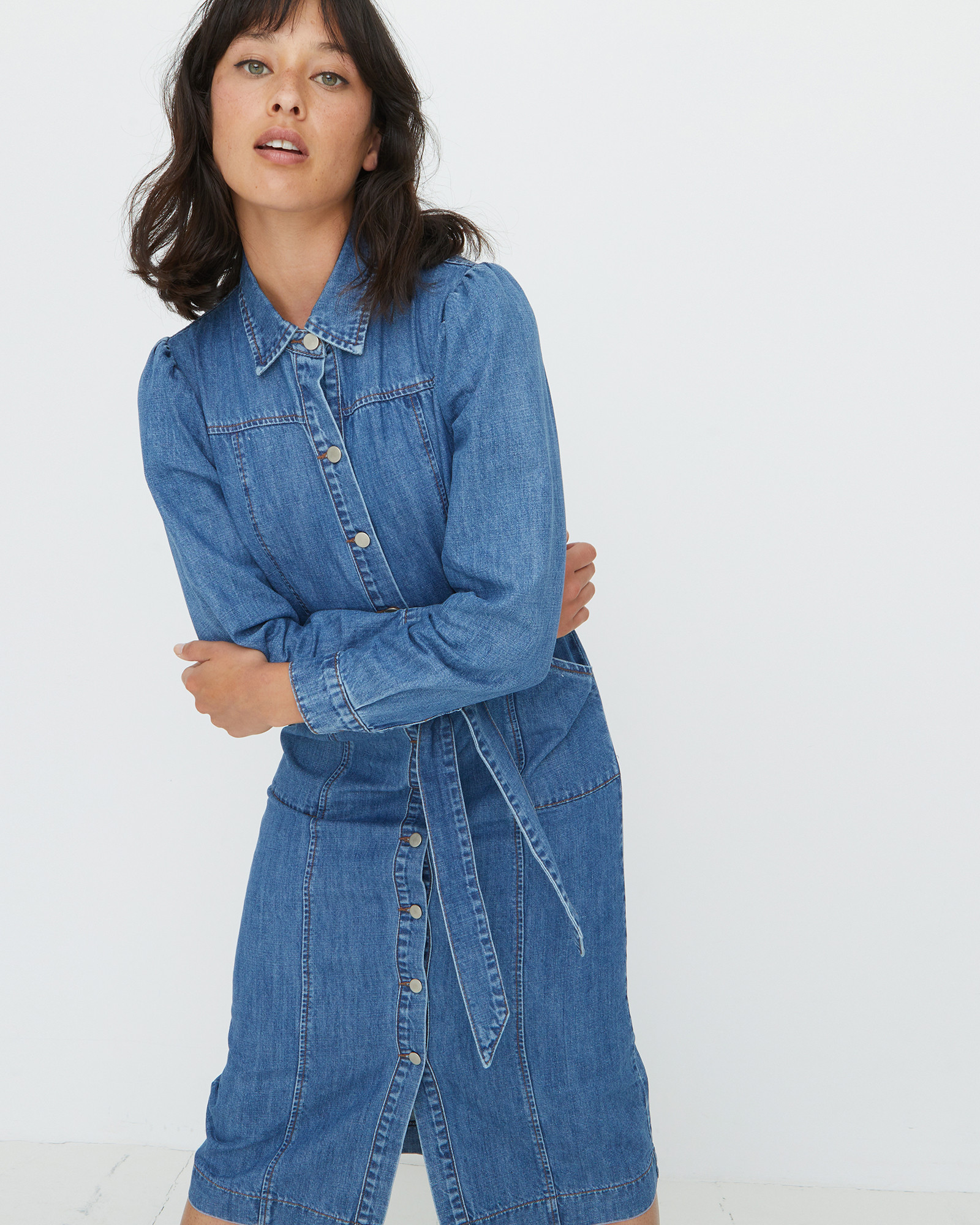 denim shirt dress midi length