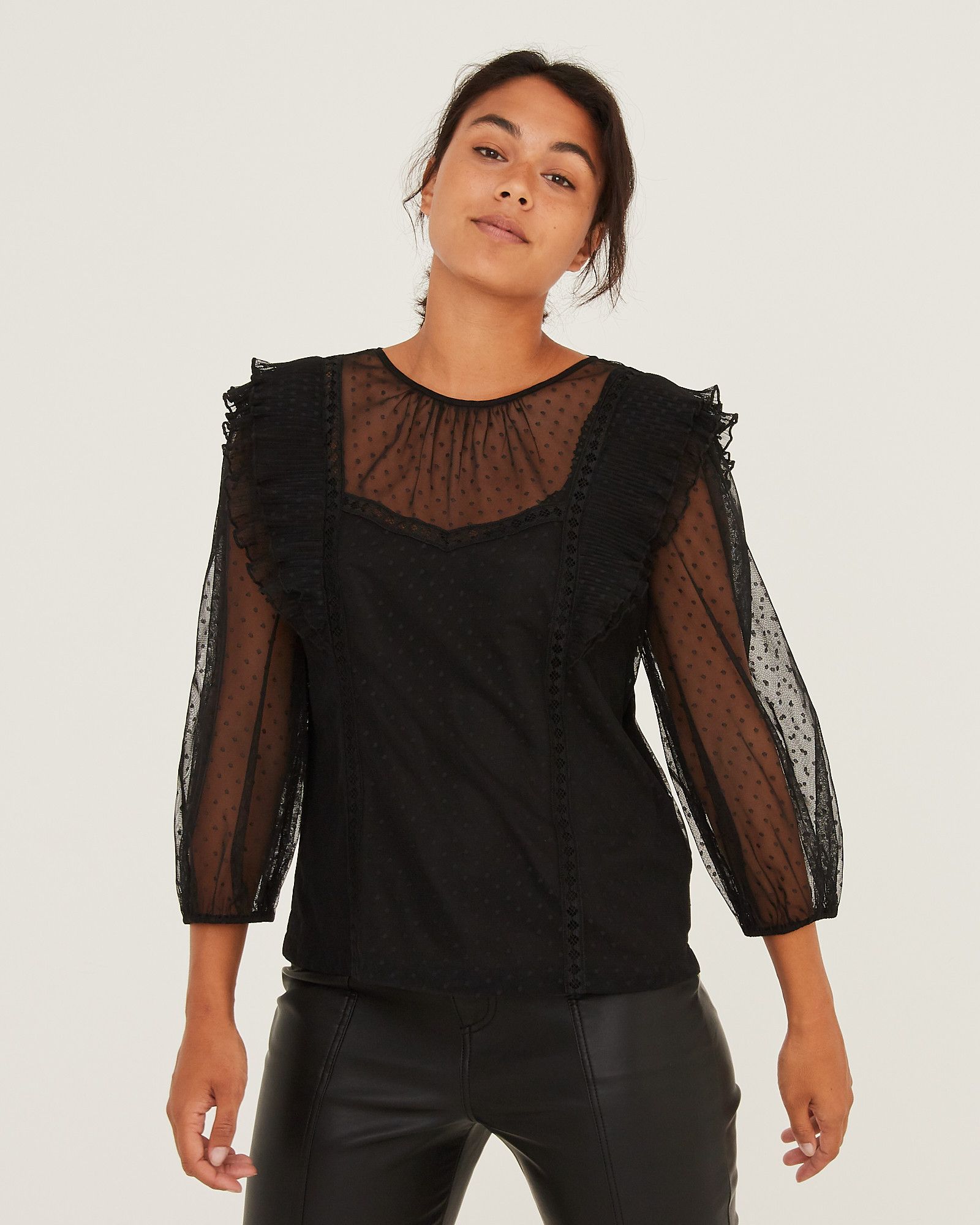 Oliver Bonas Women Frill & Lace Insert Sheer Black Blouse | eBay