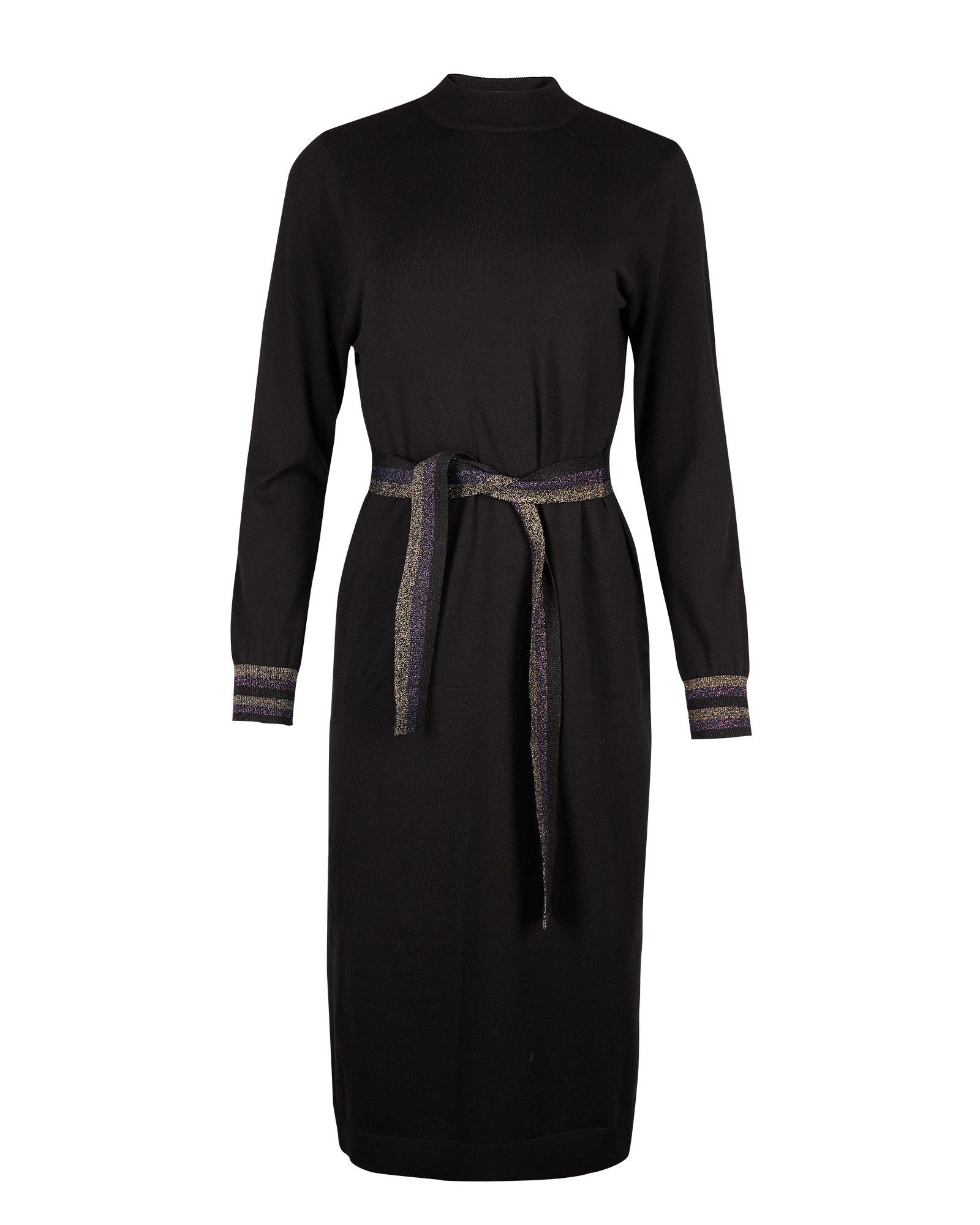 Sparkle Stripe Belted Black Knitted Midi Dress | Oliver Bonas