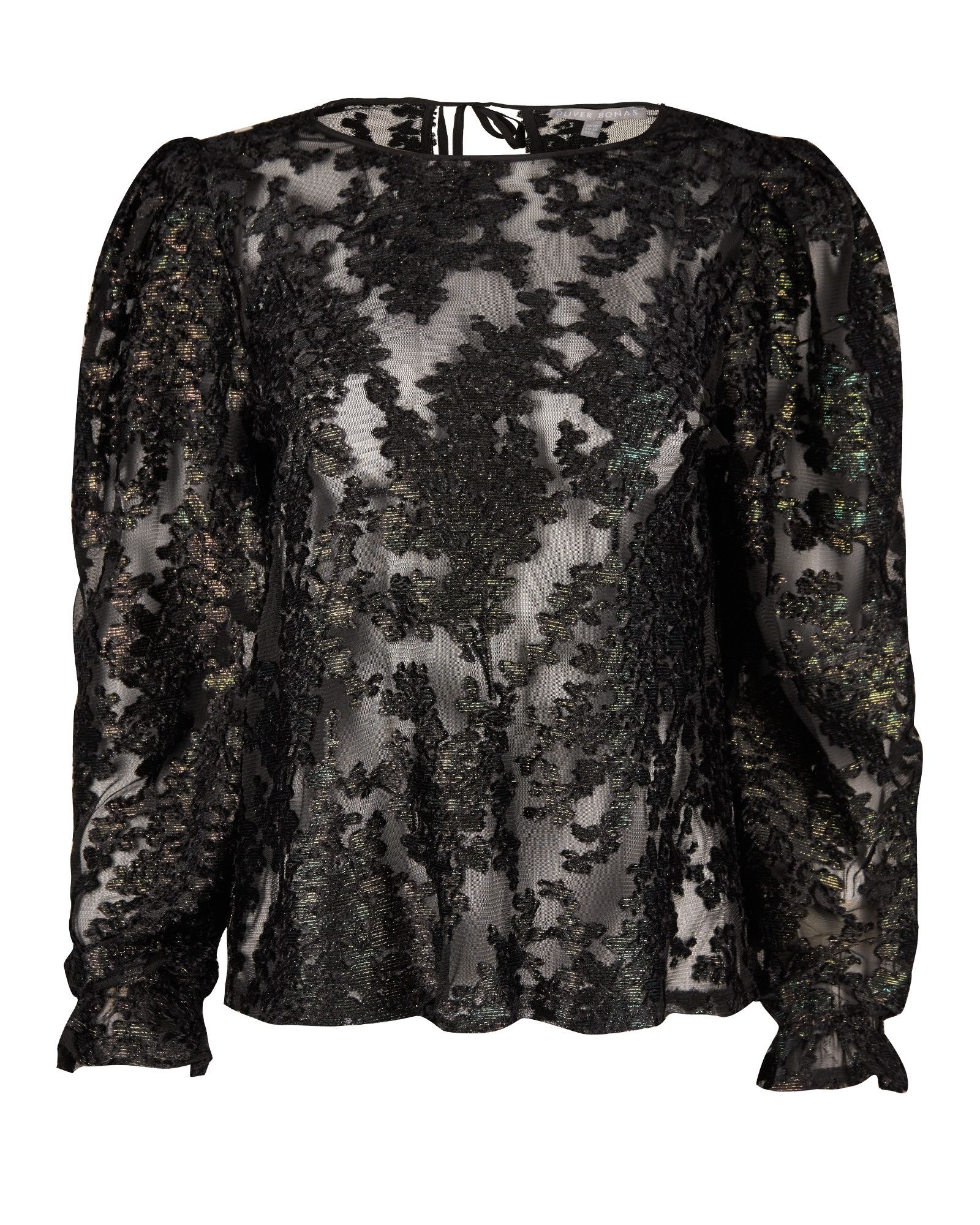 Floral Foil Mesh Green & Black Sheer Blouse | Oliver Bonas