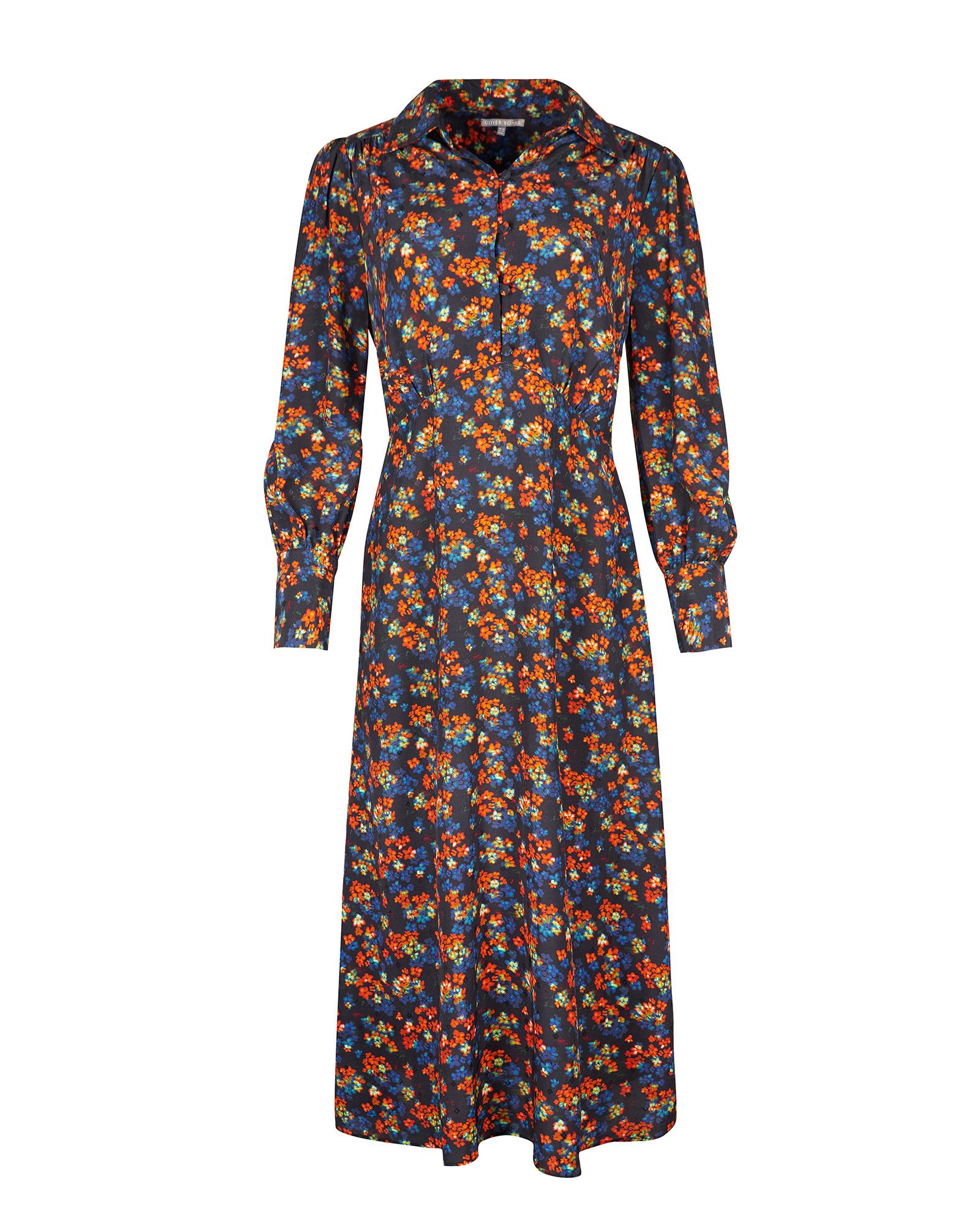 Ditsy Floral Orange & Black Midi Shirt Dress | Oliver Bonas