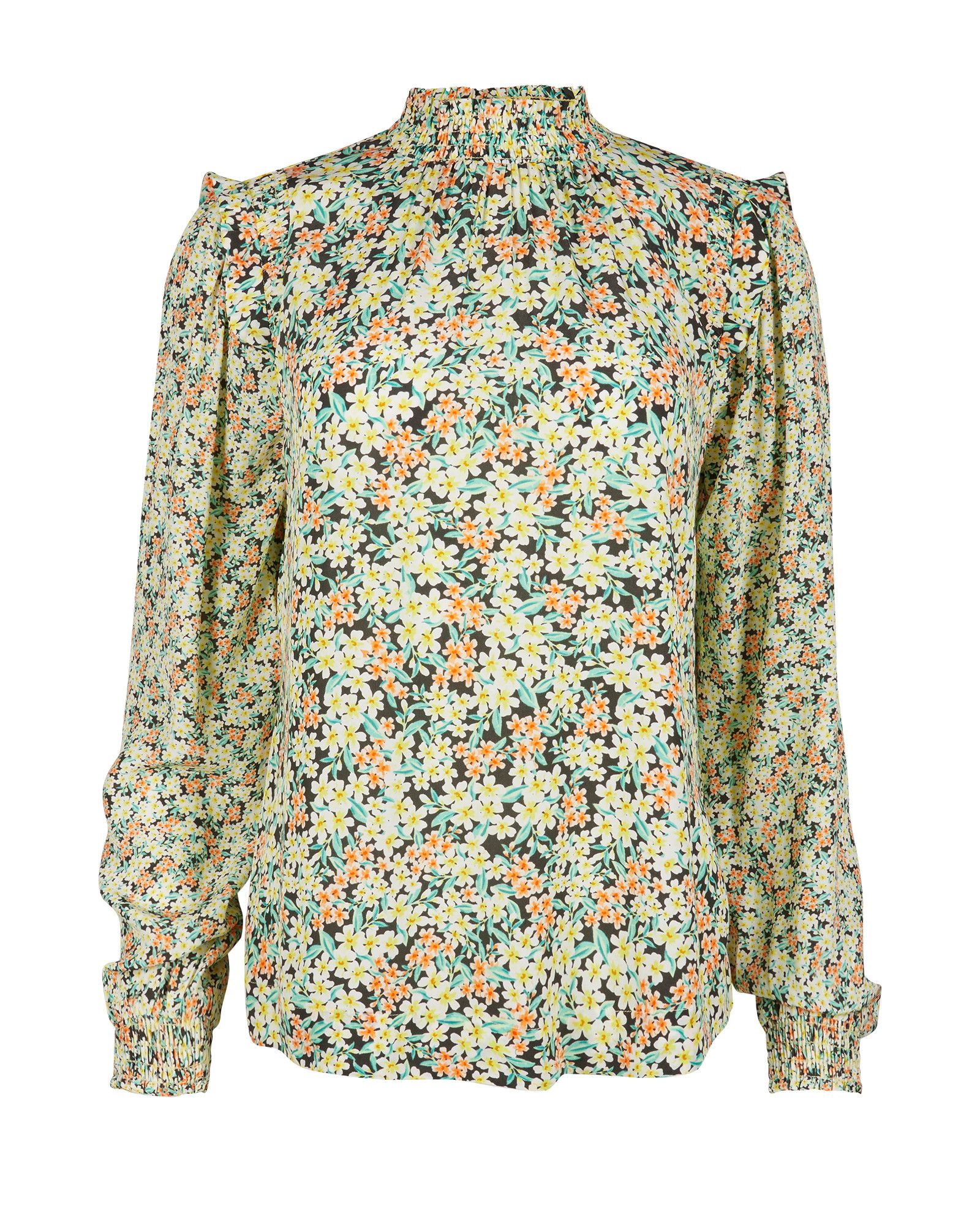 Cute Cluster Floral Print Yellow High Neck Blouse | Oliver Bonas