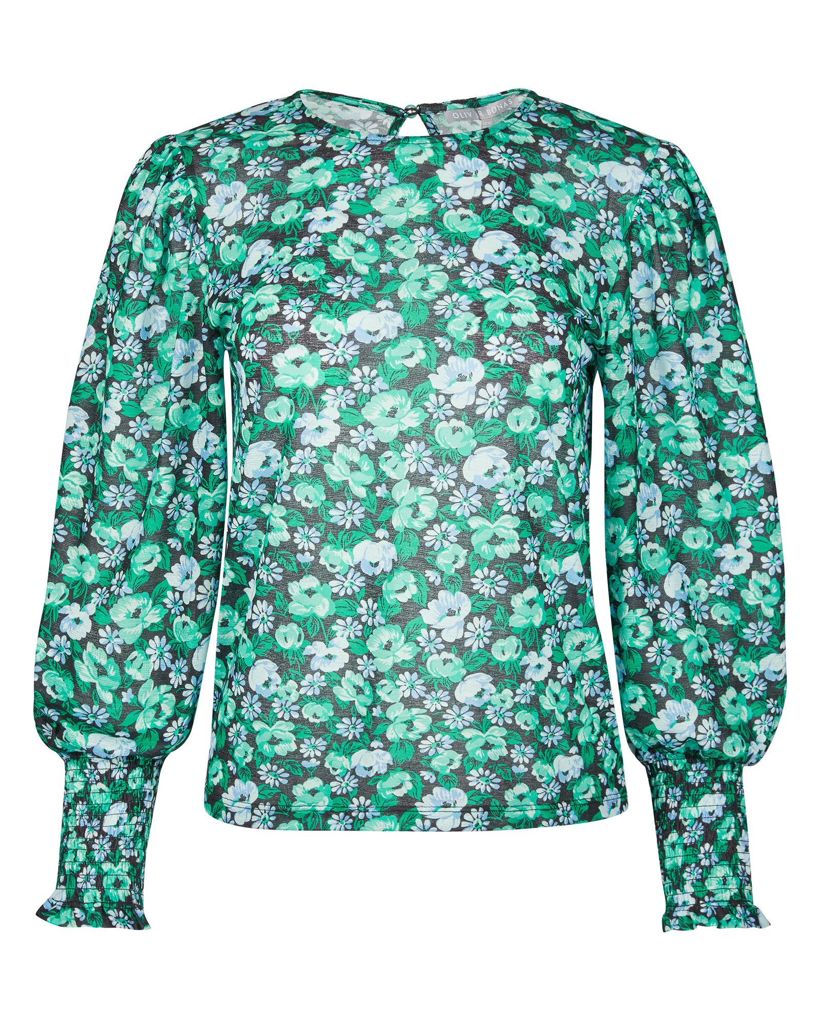 Floral Meadow Print Blue Mesh Blouse | Oliver Bonas