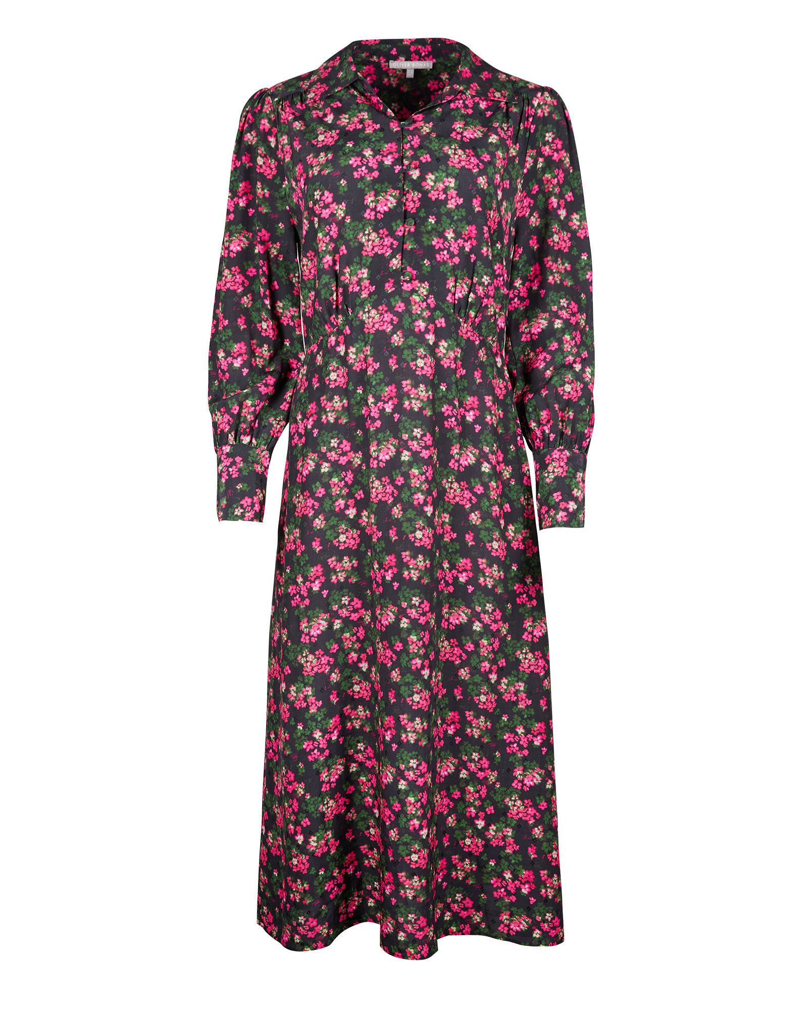 Ditsy Floral Print Pink & Black Midi Shirt Dress | Oliver Bonas