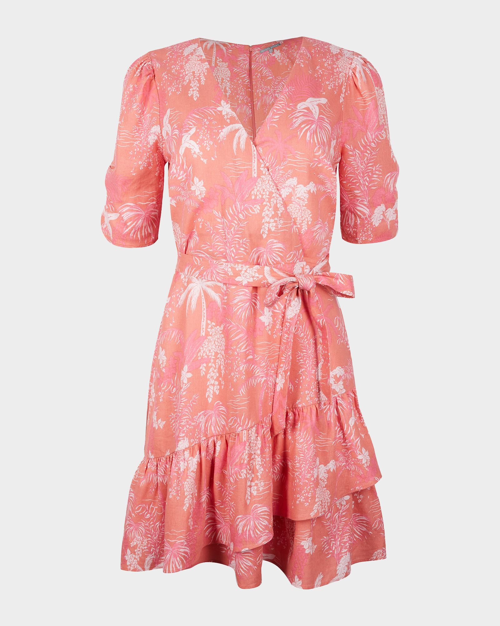 Palm Tree Print Frill Hem Pink Wrap Mini Dress | Oliver Bonas US