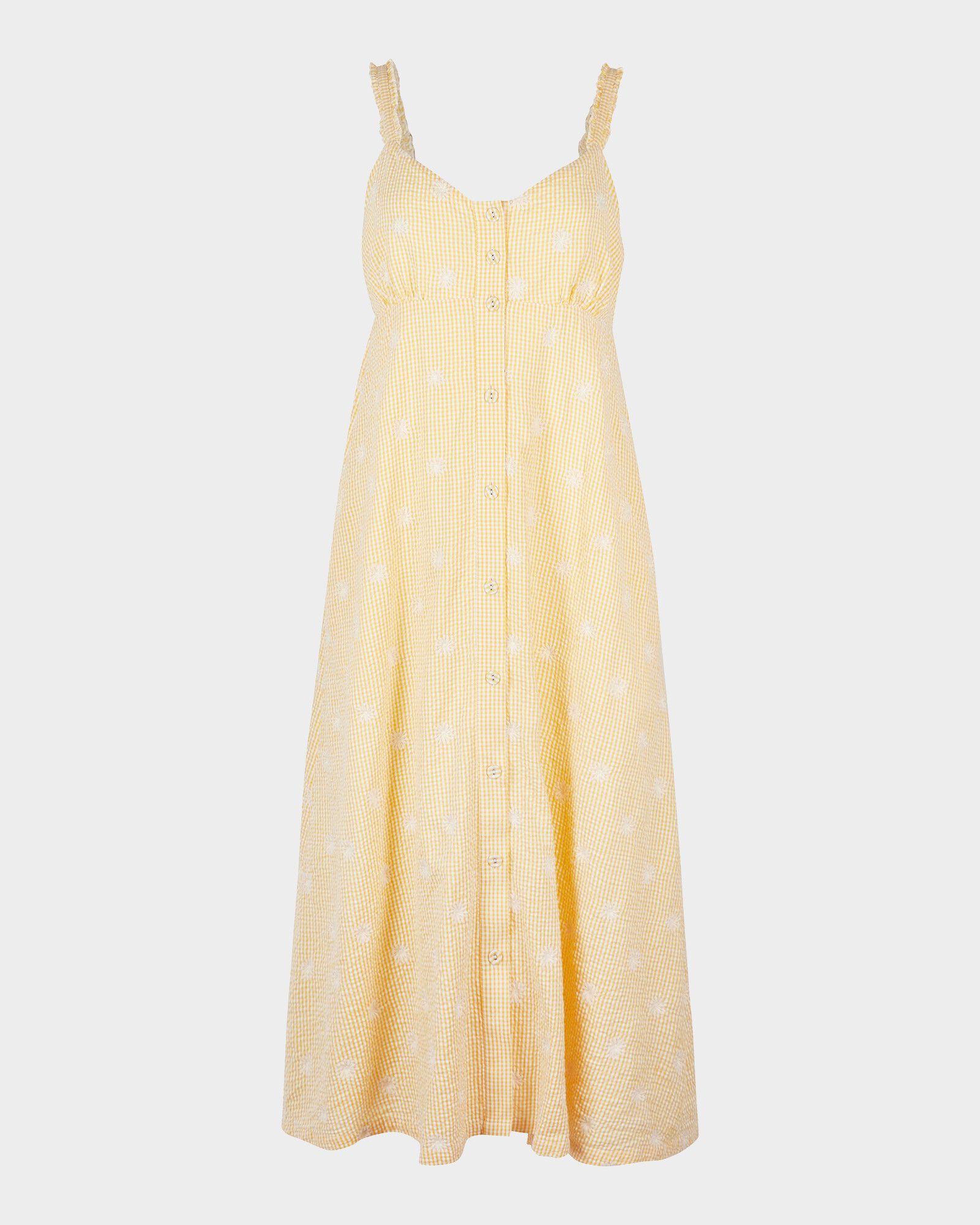 Embroidered Flower & Gingham Print Yellow Midi Dress | Oliver Bonas