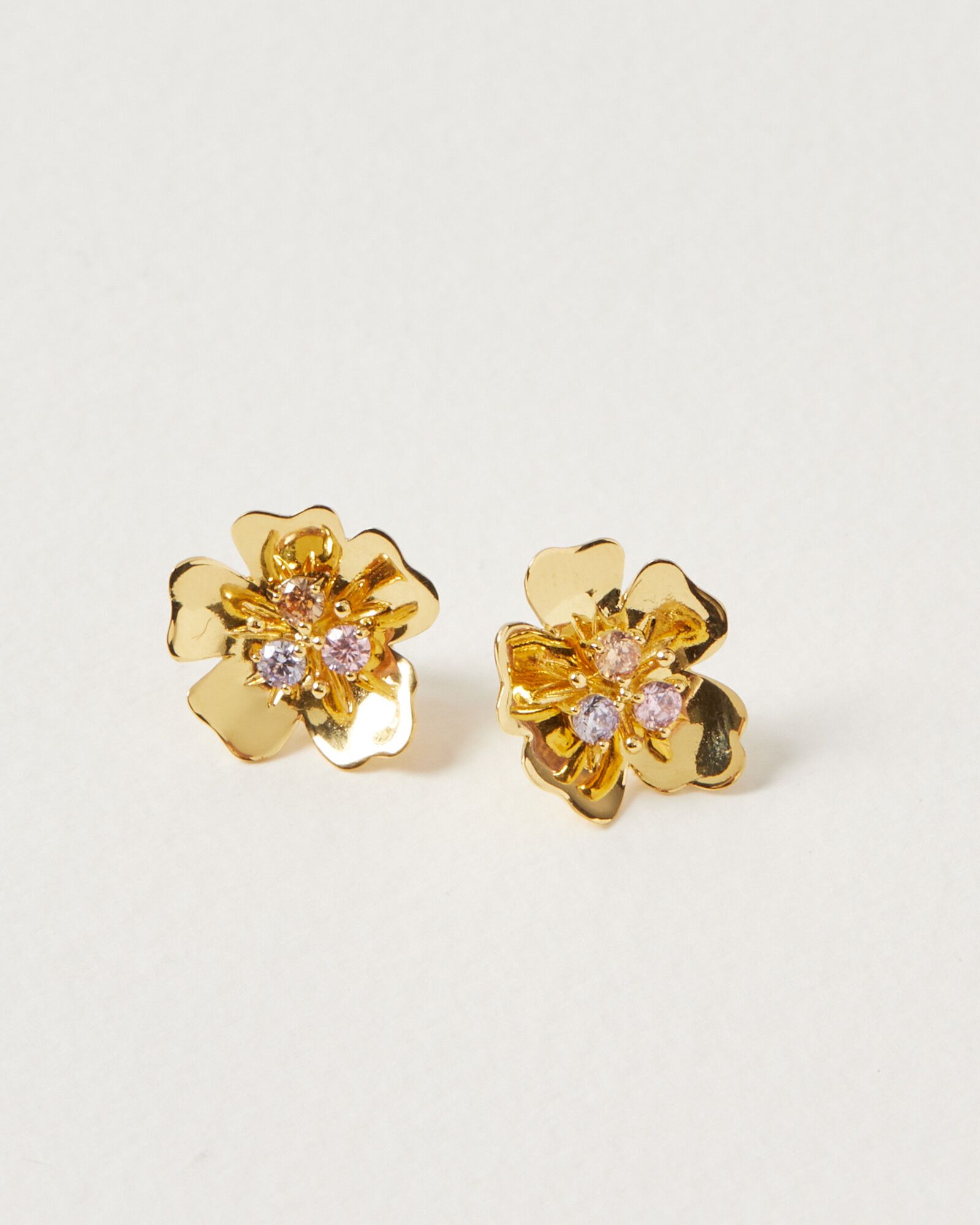 Loral Flower & Stone Front & Back Gold Plated Stud Earrings | Oliver Bonas