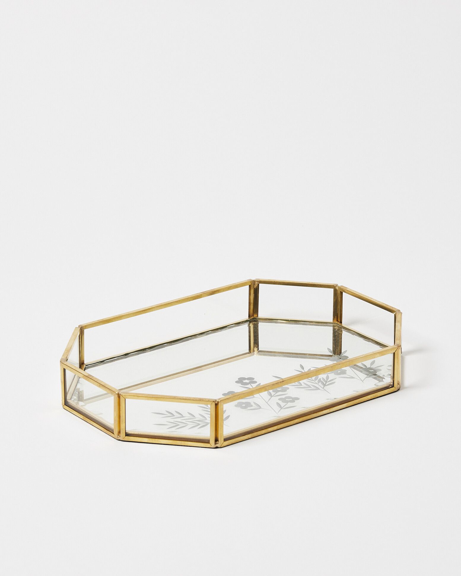 Gold & Glass Octagonal Floral Etched Tray | Oliver Bonas