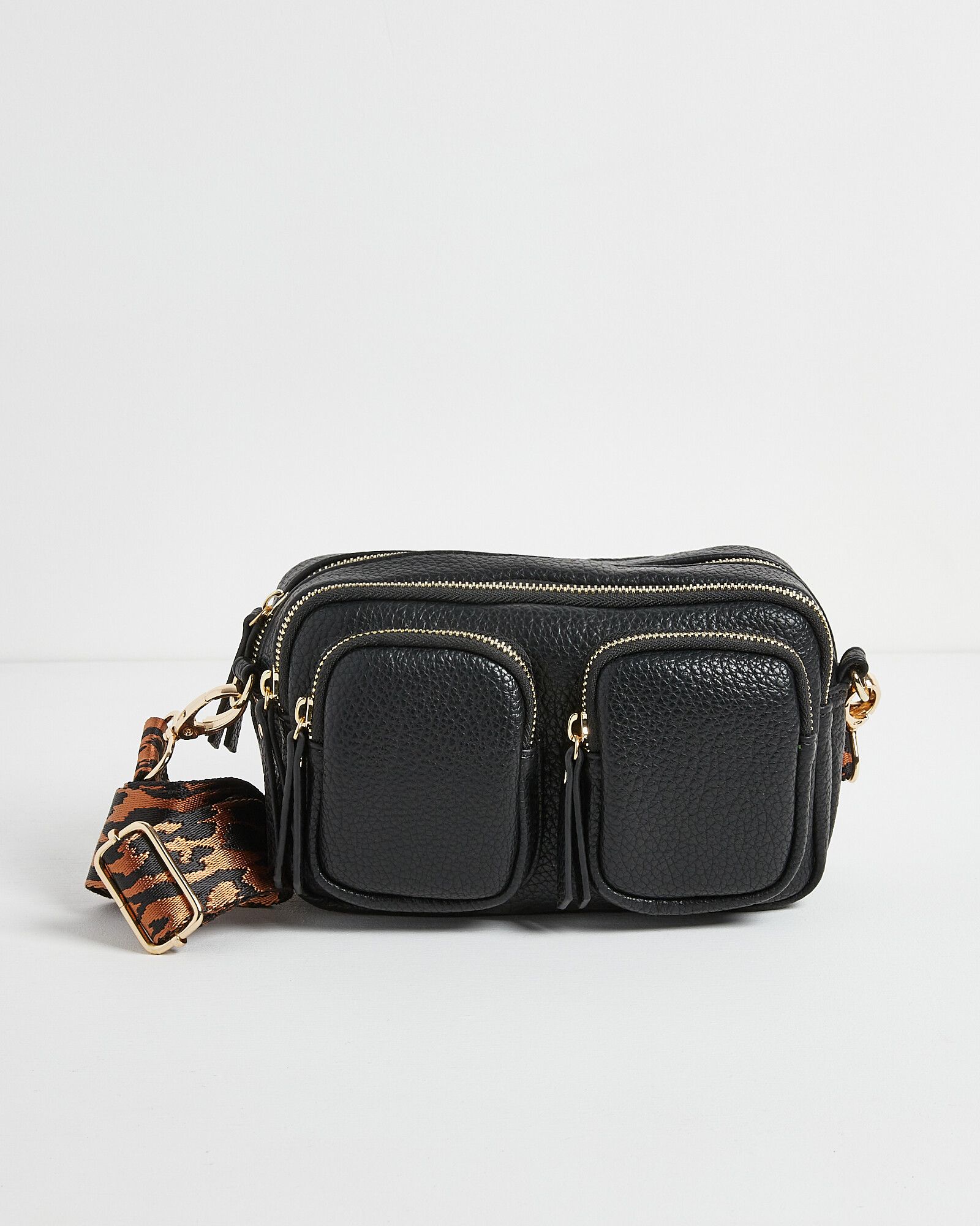 Woven Leopard Strap & Front Pocket Black Crossbody Bag | Oliver Bonas