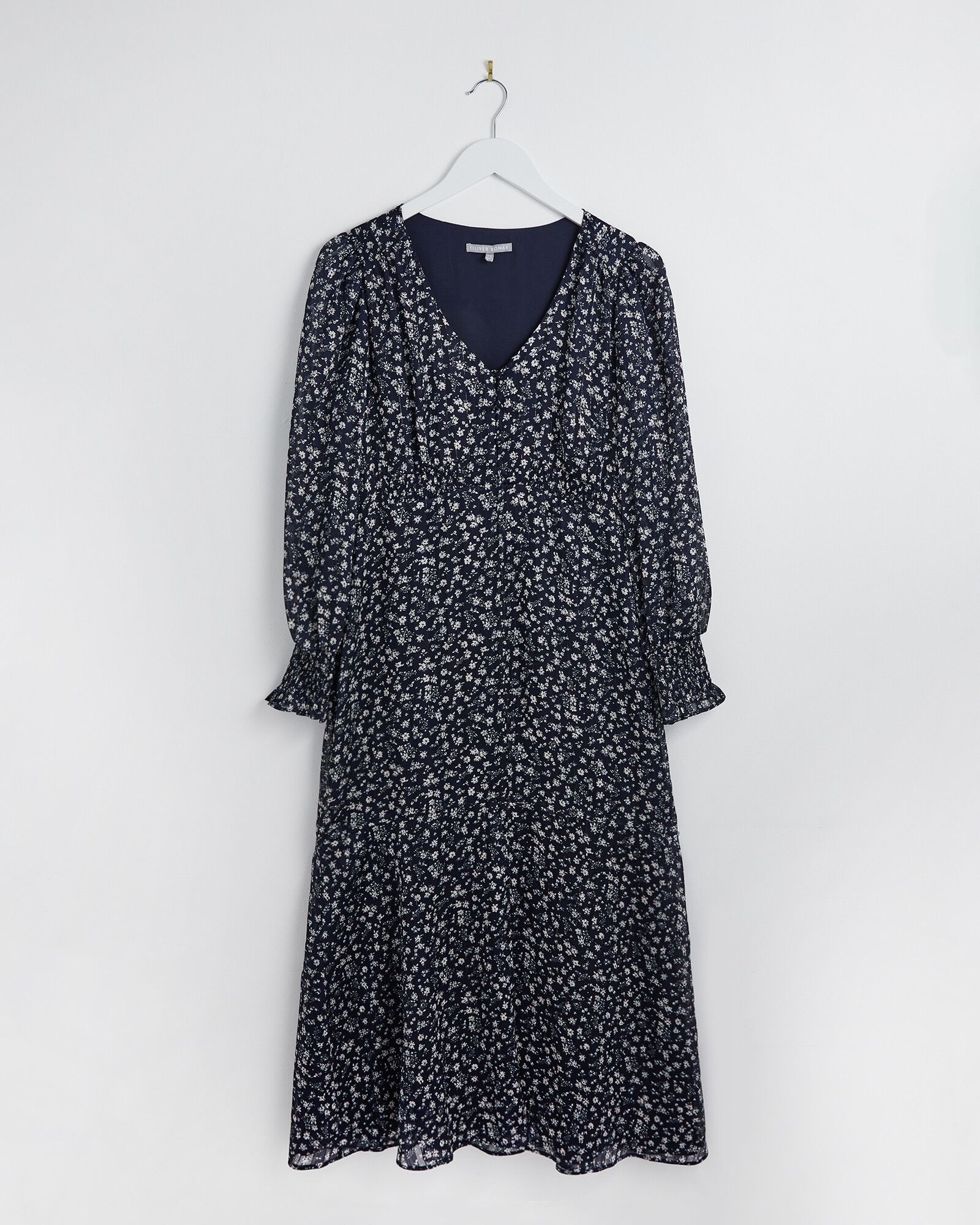 Ditsy Metallic Floral Print Navy Midi Dress | Oliver Bonas