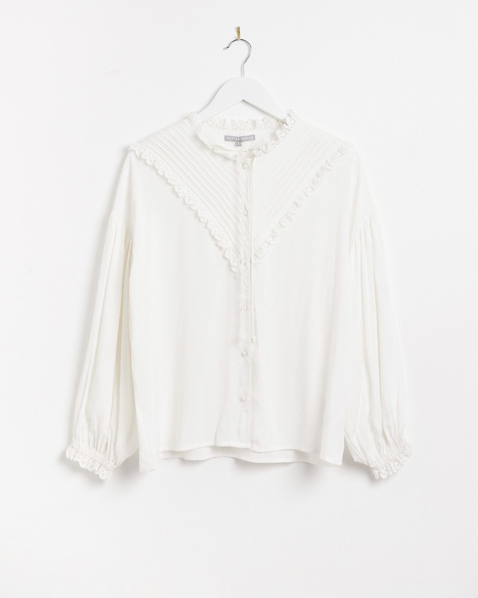 Dobby Spot Lace Insert & Pintuck Yoke White Shirt | Oliver Bonas