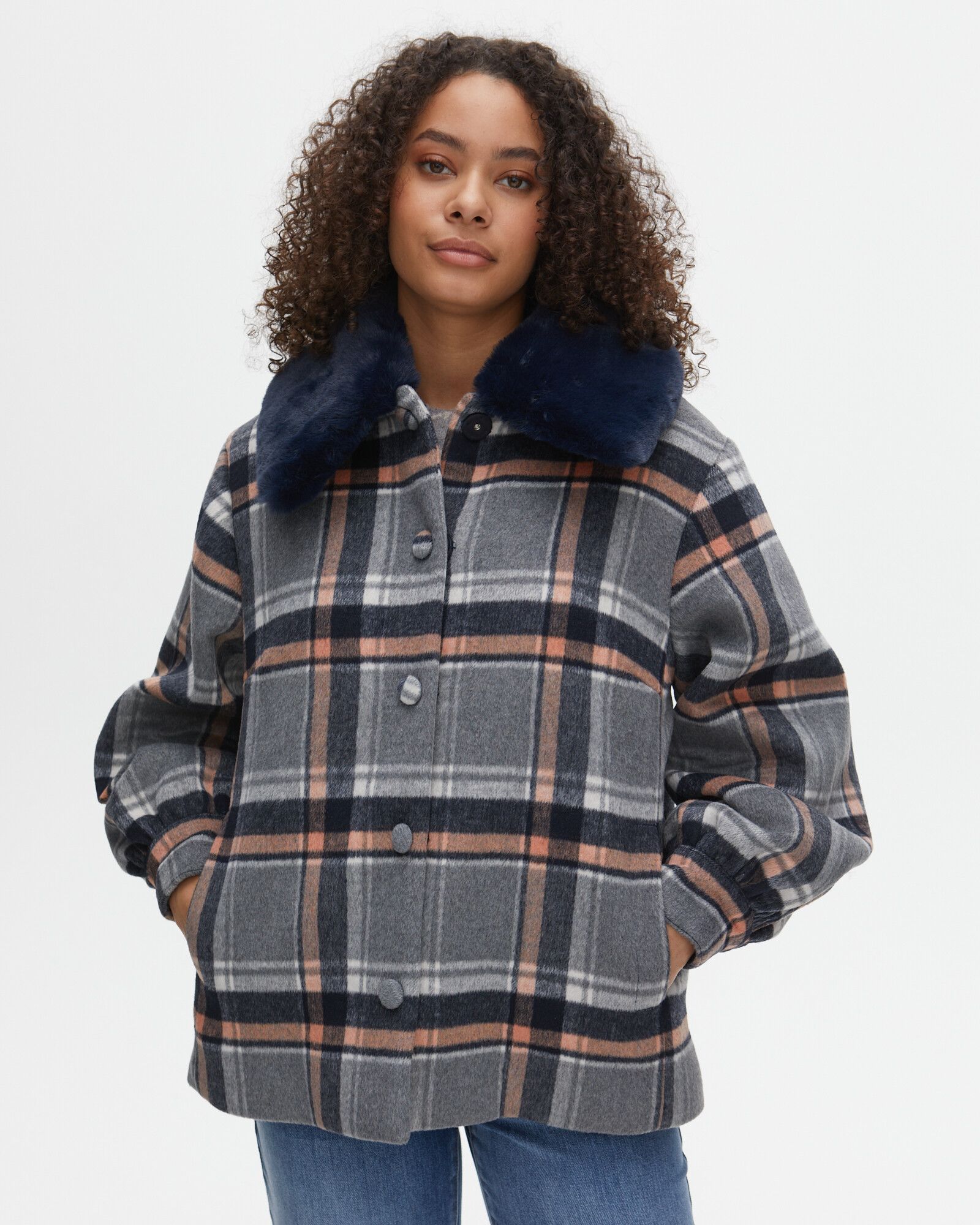 grey check faux fur trim coat