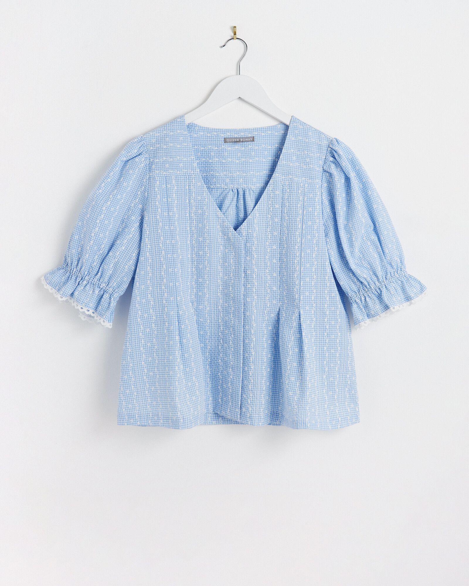 Gingham Embroidered Puff Sleeve Blue Blouse | Oliver Bonas
