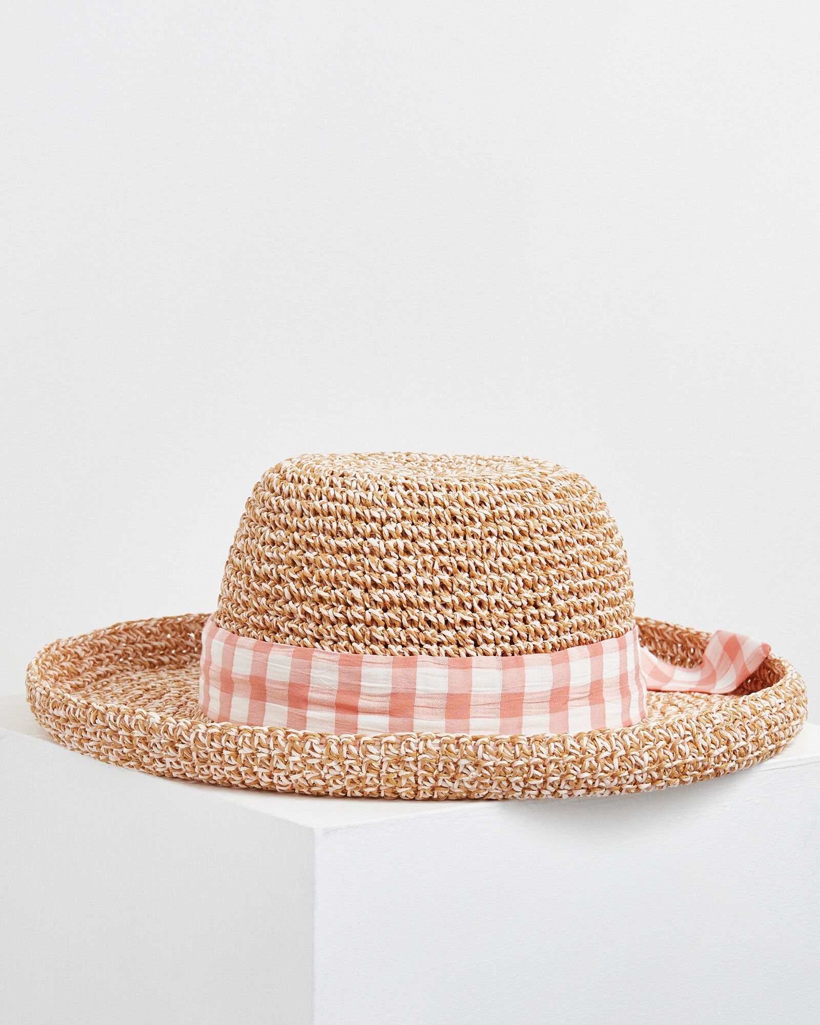 Summer Pink Gingham Bow Straw Hat | Oliver Bonas