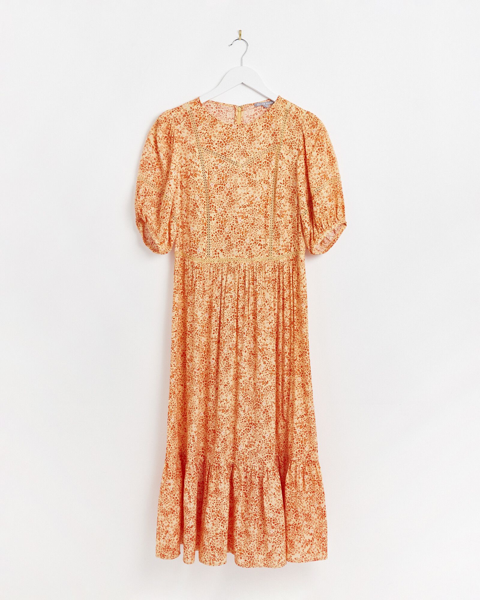 Ditsy Floral Print Short Sleeve Orange Midi Dress | Oliver Bonas