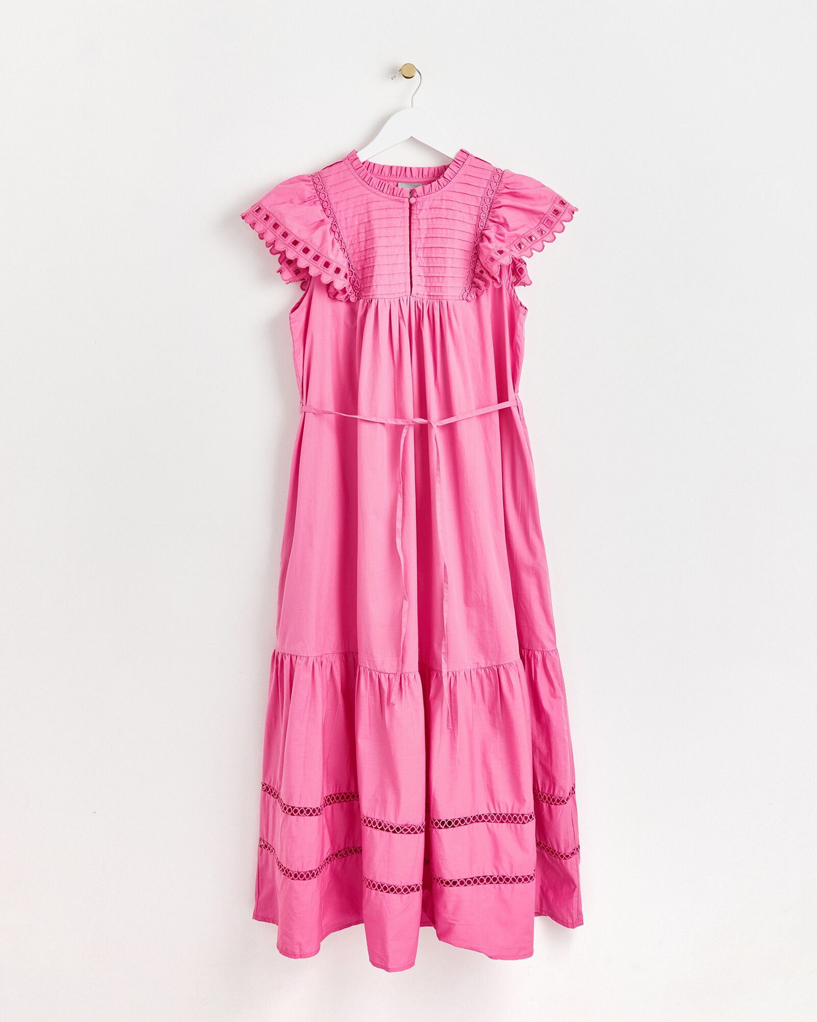 Pintuck Bib Pink Cotton Midi Dress | Oliver Bonas