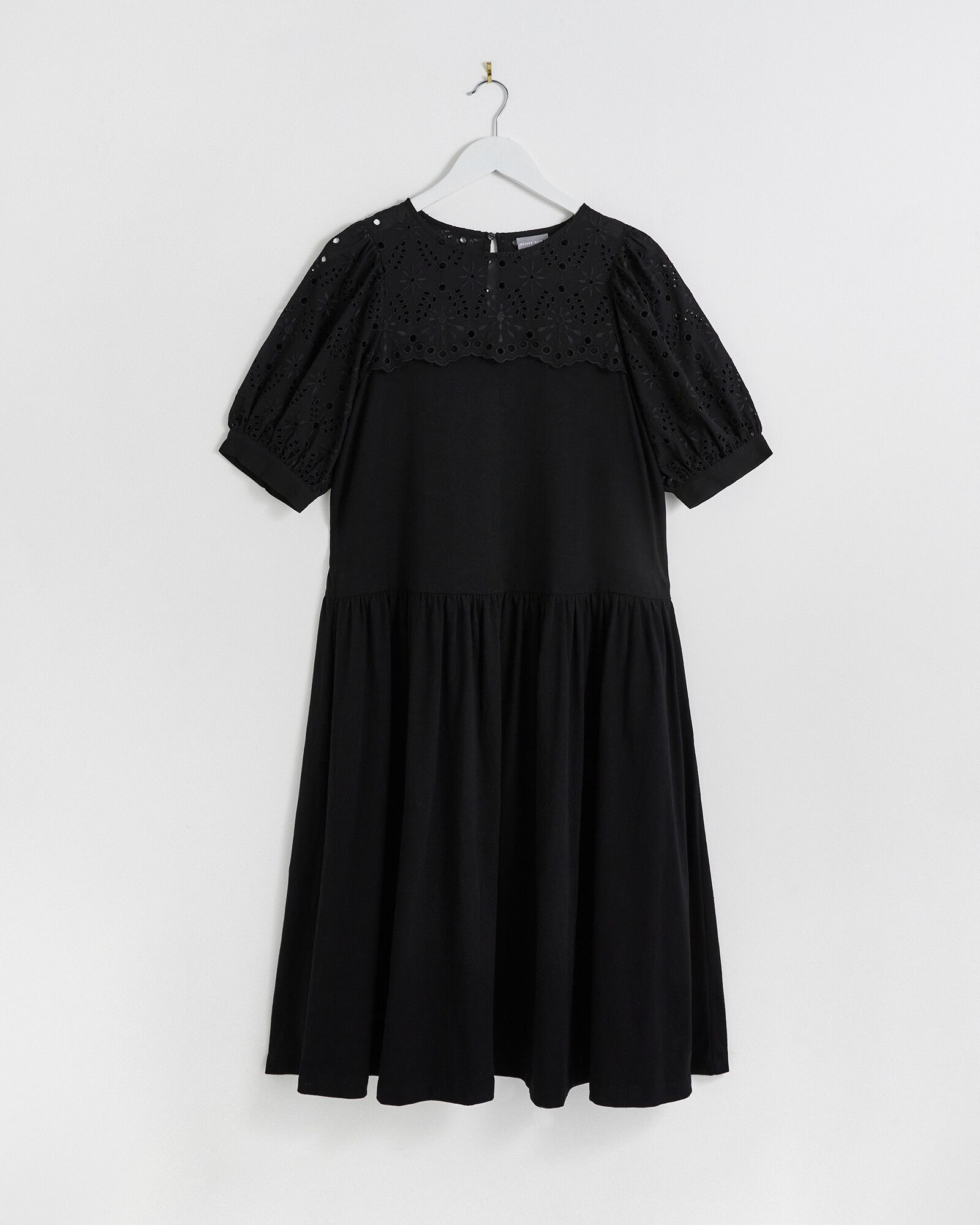 Broderie Panelled Black Midi Dress | Oliver Bonas