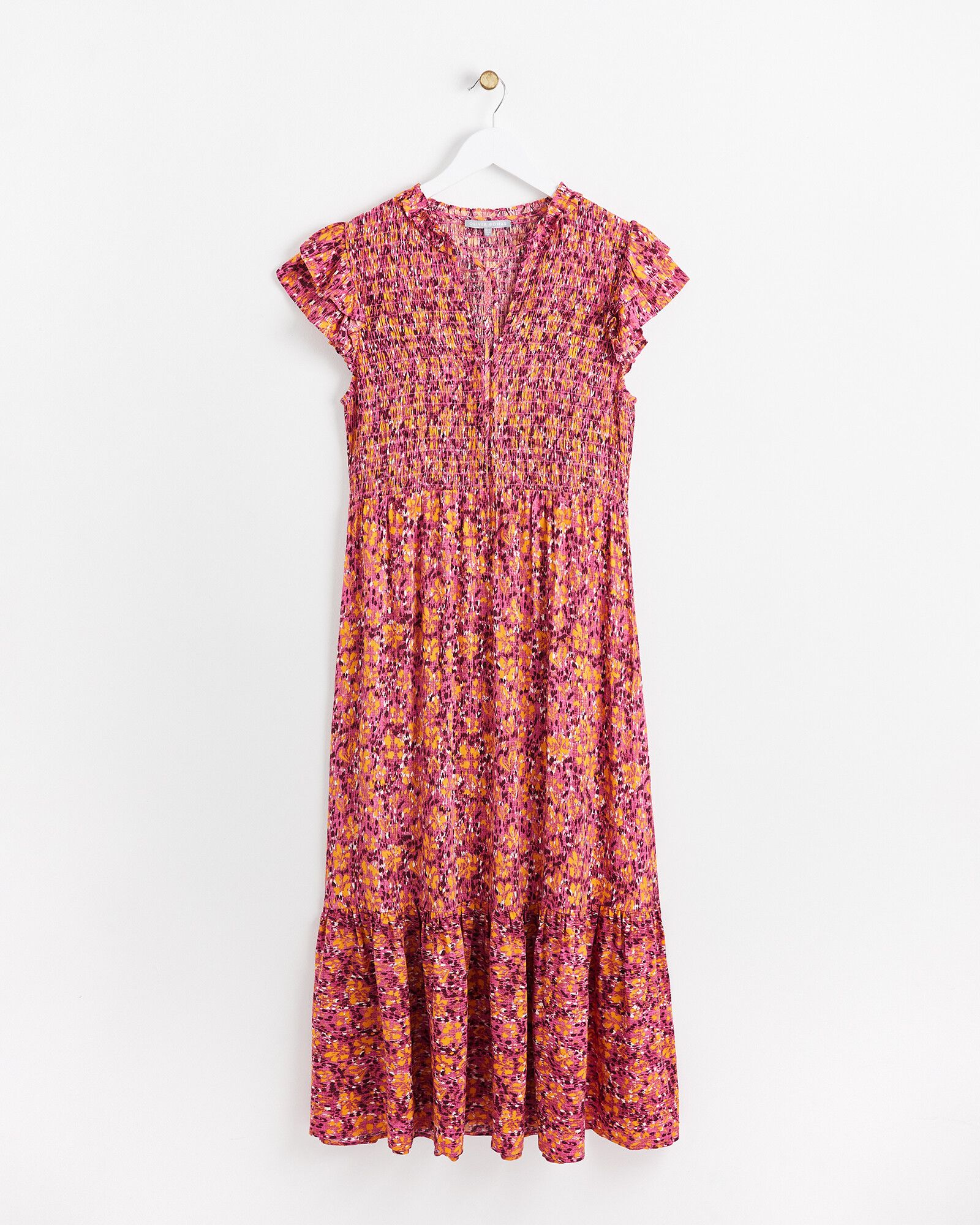 Textured Floral Shirred Pink Midi Dress Oliver Bonas