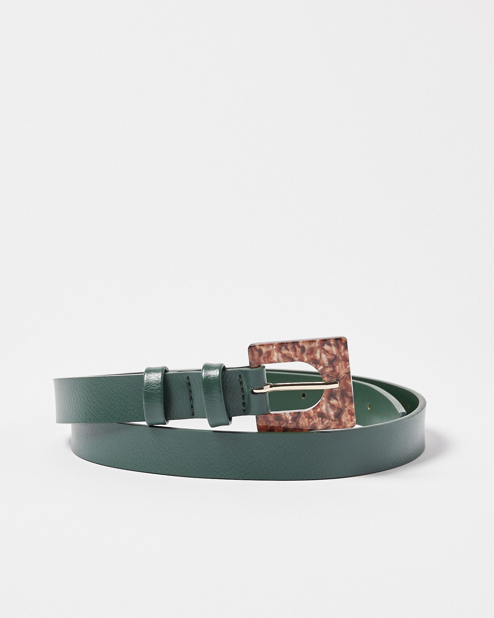 Marble Tort Buckle Green Leather Skinny Waist Belt | Oliver Bonas