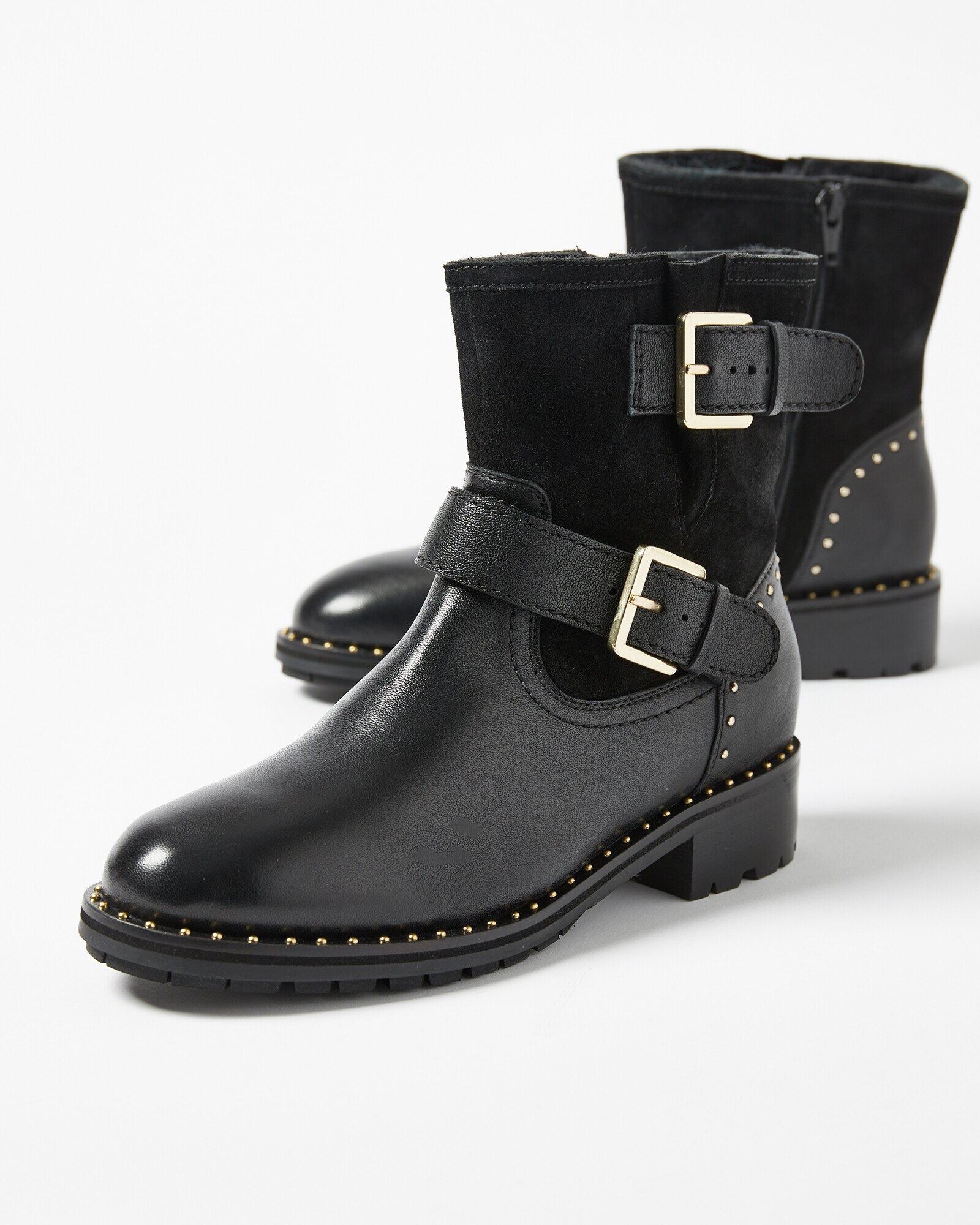 Buckle Detail Black Leather Biker Boots Oliver Bonas IE