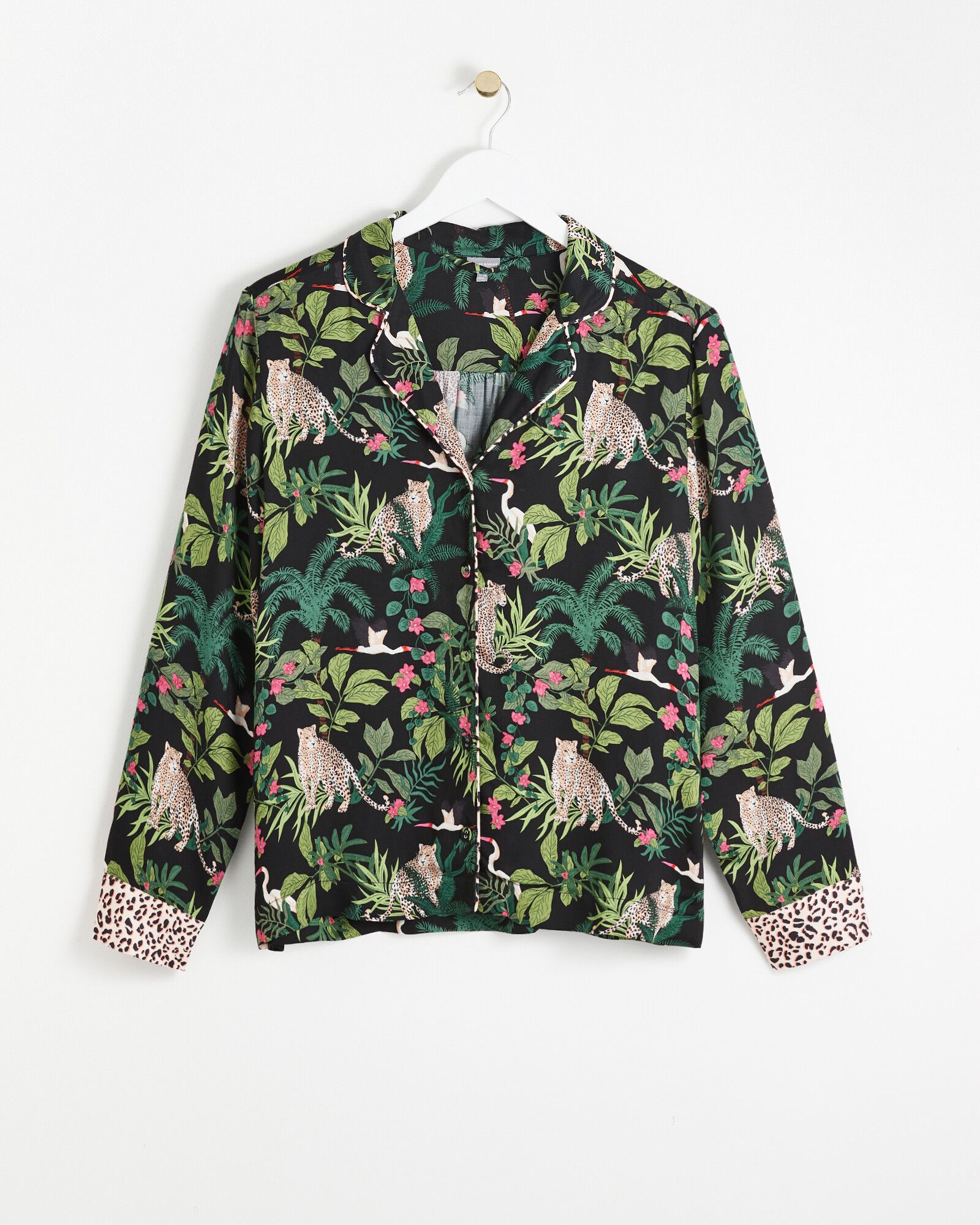 Botanical Leopard Print Black Shirt & Trousers Pyjama Set | Oliver Bonas