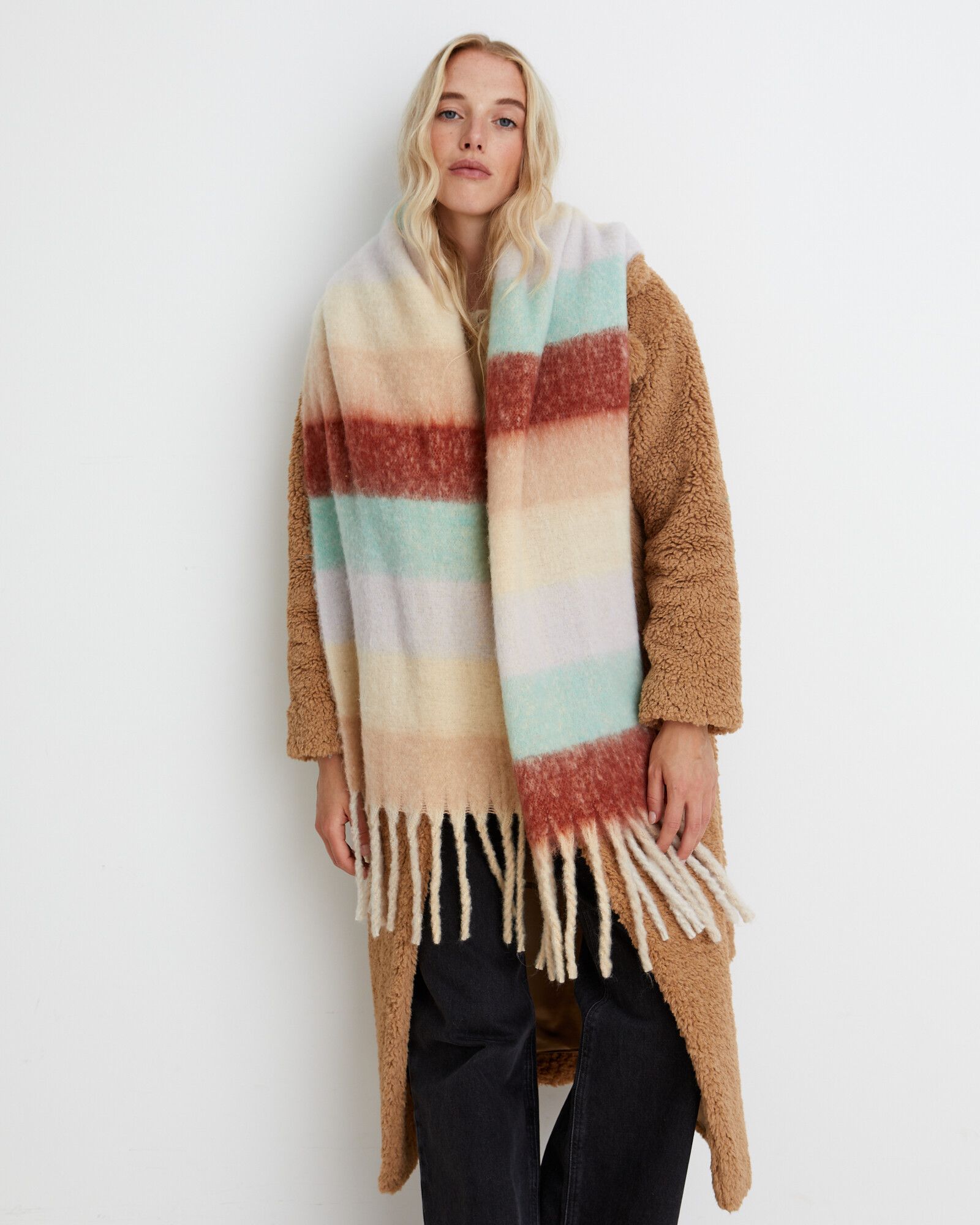 Stripe Neutral Brushed Brown Heavyweight Scarf Oliver Bonas