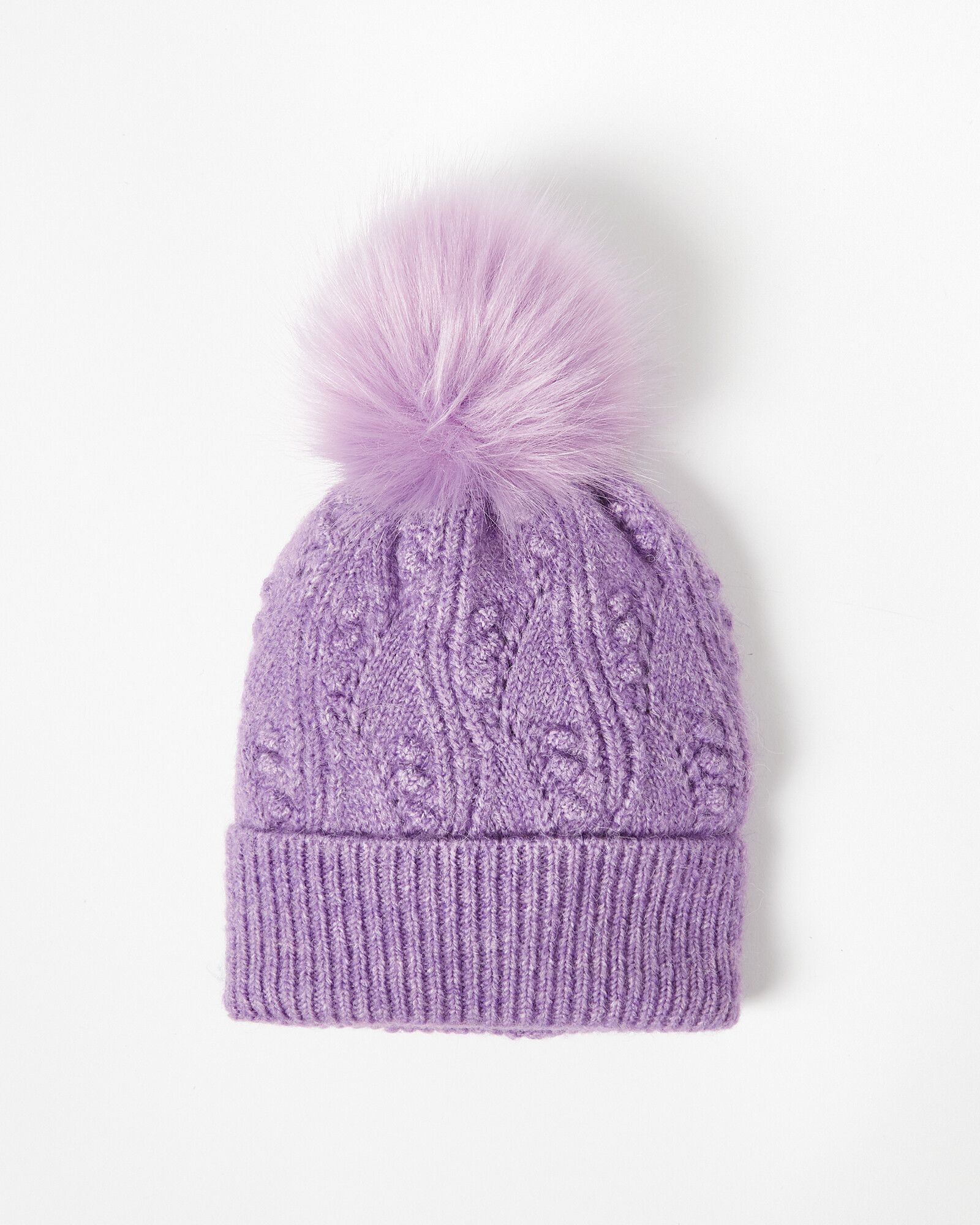 purple bobble hat and scarf