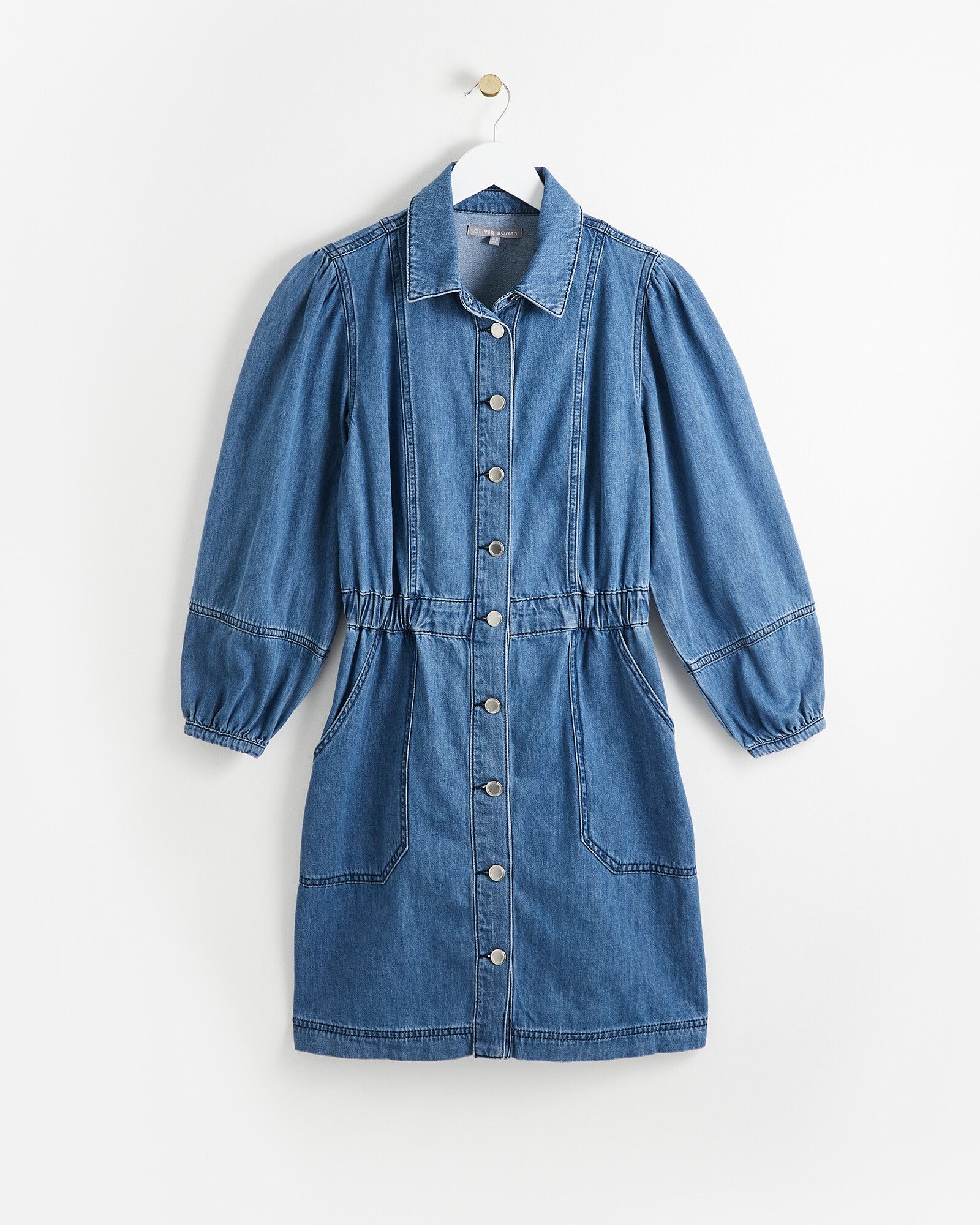 Long Sleeve Mid Wash Blue Cotton Denim Mini Dress | Oliver Bonas