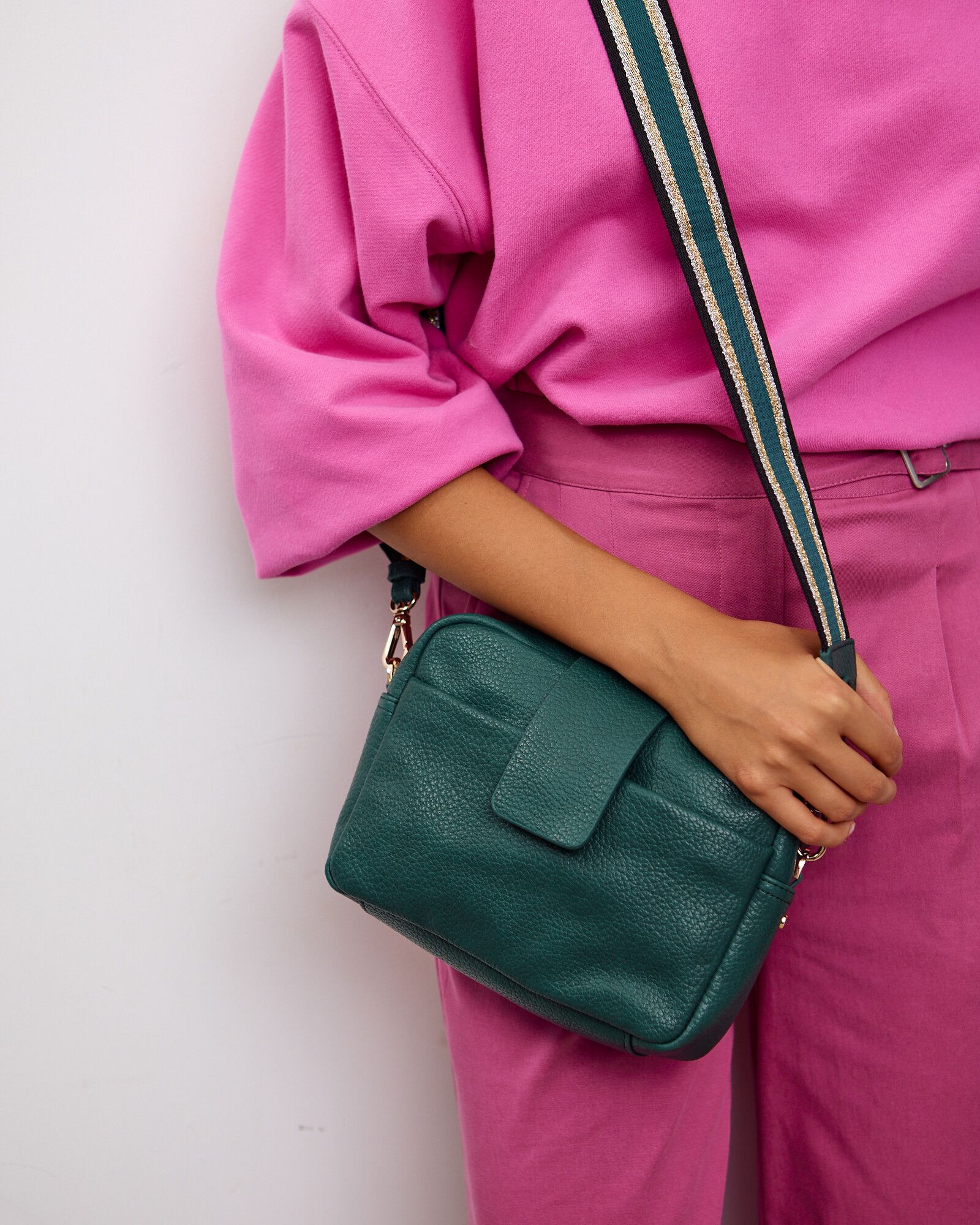 Eve Fold Over Stripe Teal Green Crossbody Camera Bag | Oliver Bonas