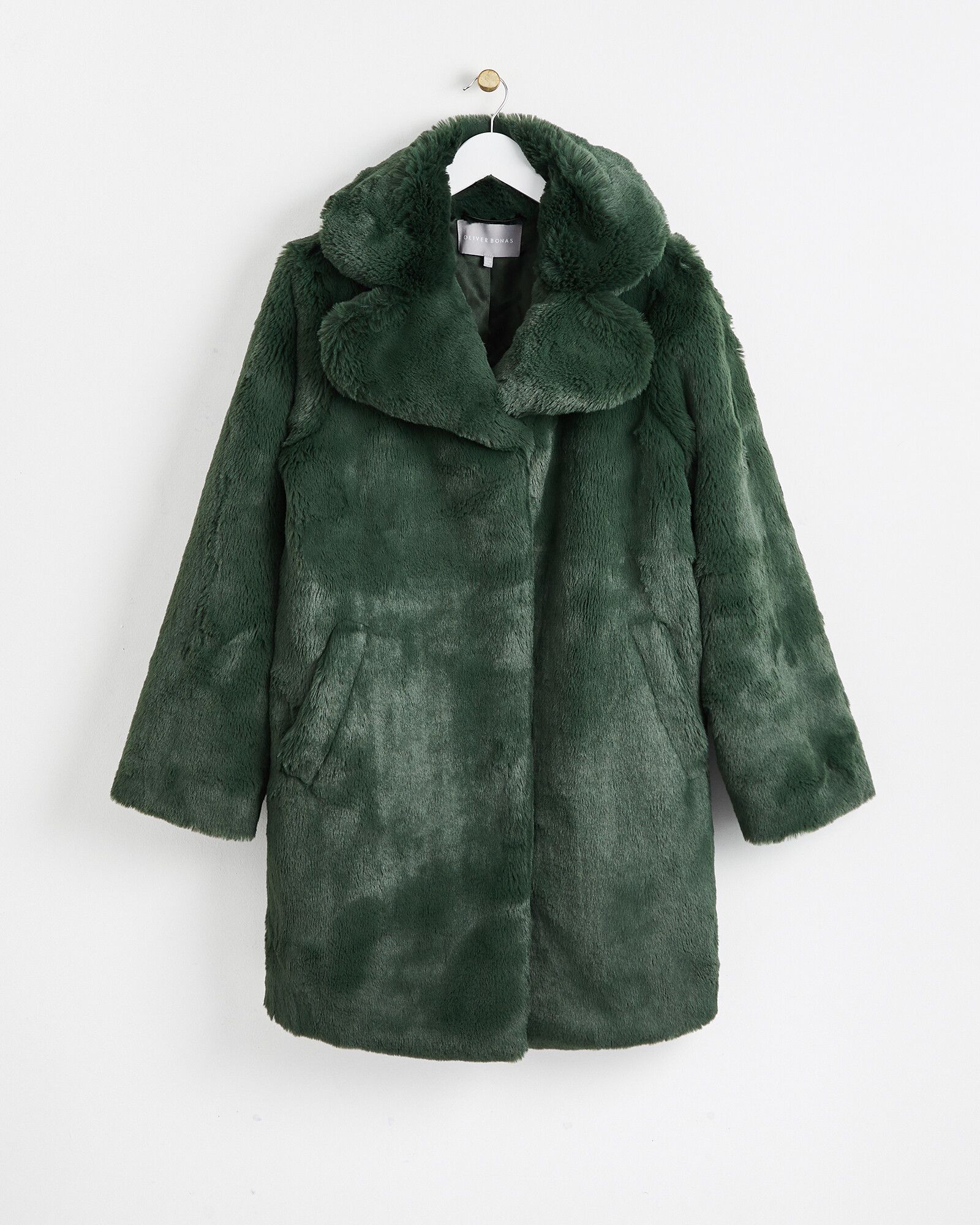 Revere Collar Faux Fur Green Coat | Oliver Bonas