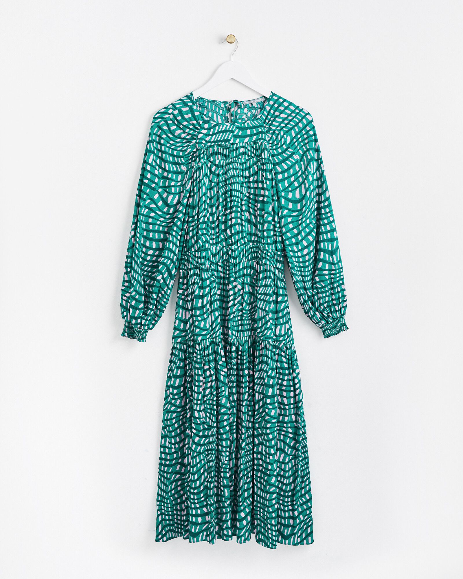 Wavy Check Print Green & Pink Midi Dress | Oliver Bonas