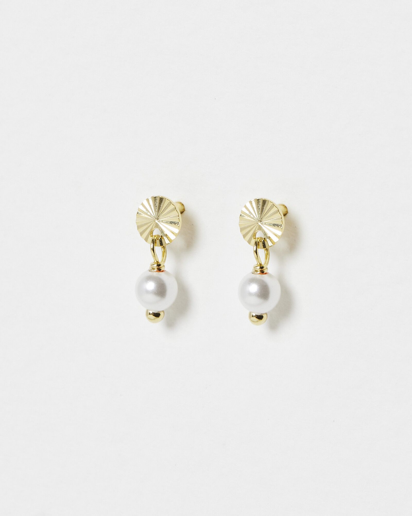 Coco Engraved Disc & Pearl Gold Plated Drop Earrings | Oliver Bonas