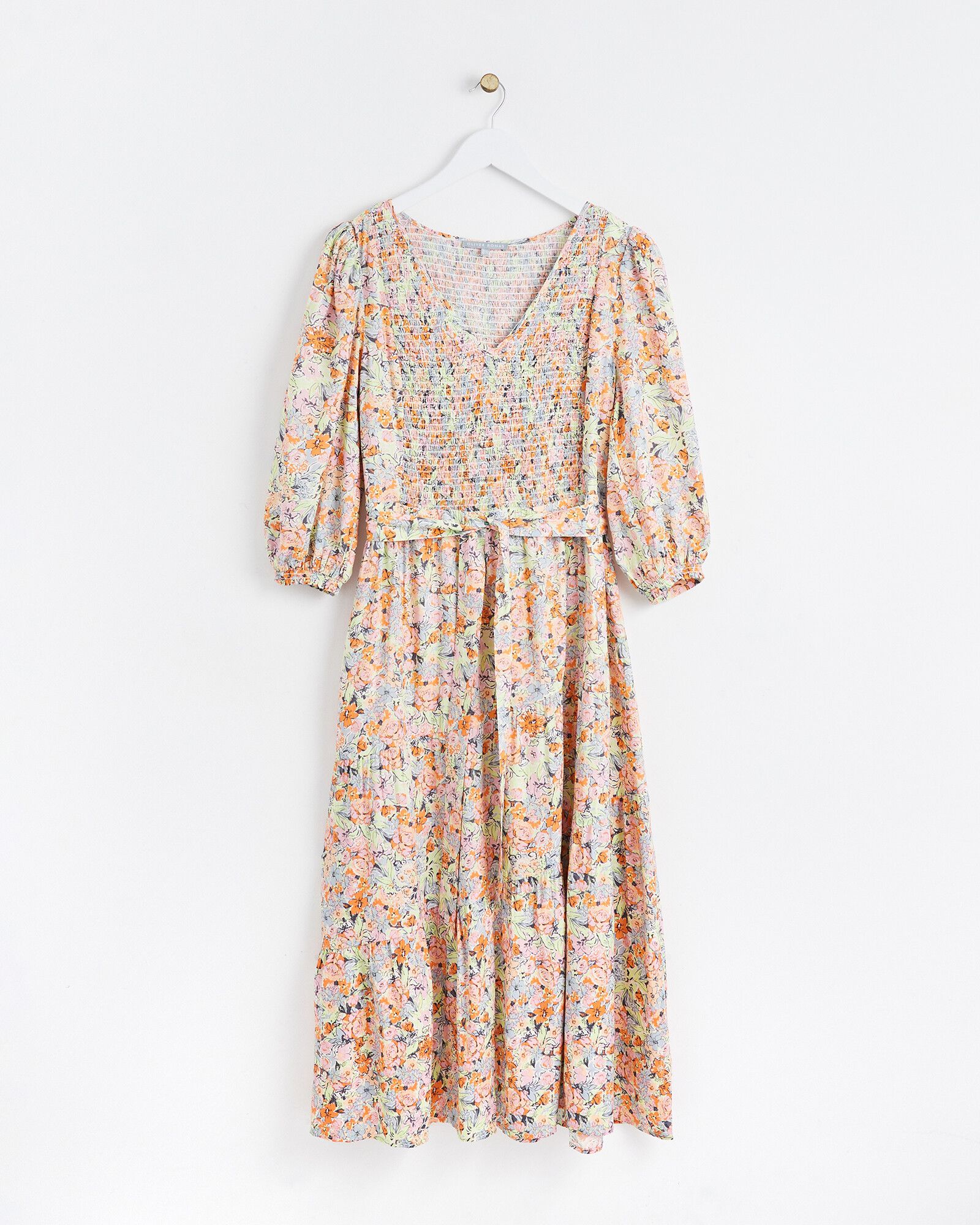 Garden Dream Floral Print Orange Midi Dress | Oliver Bonas