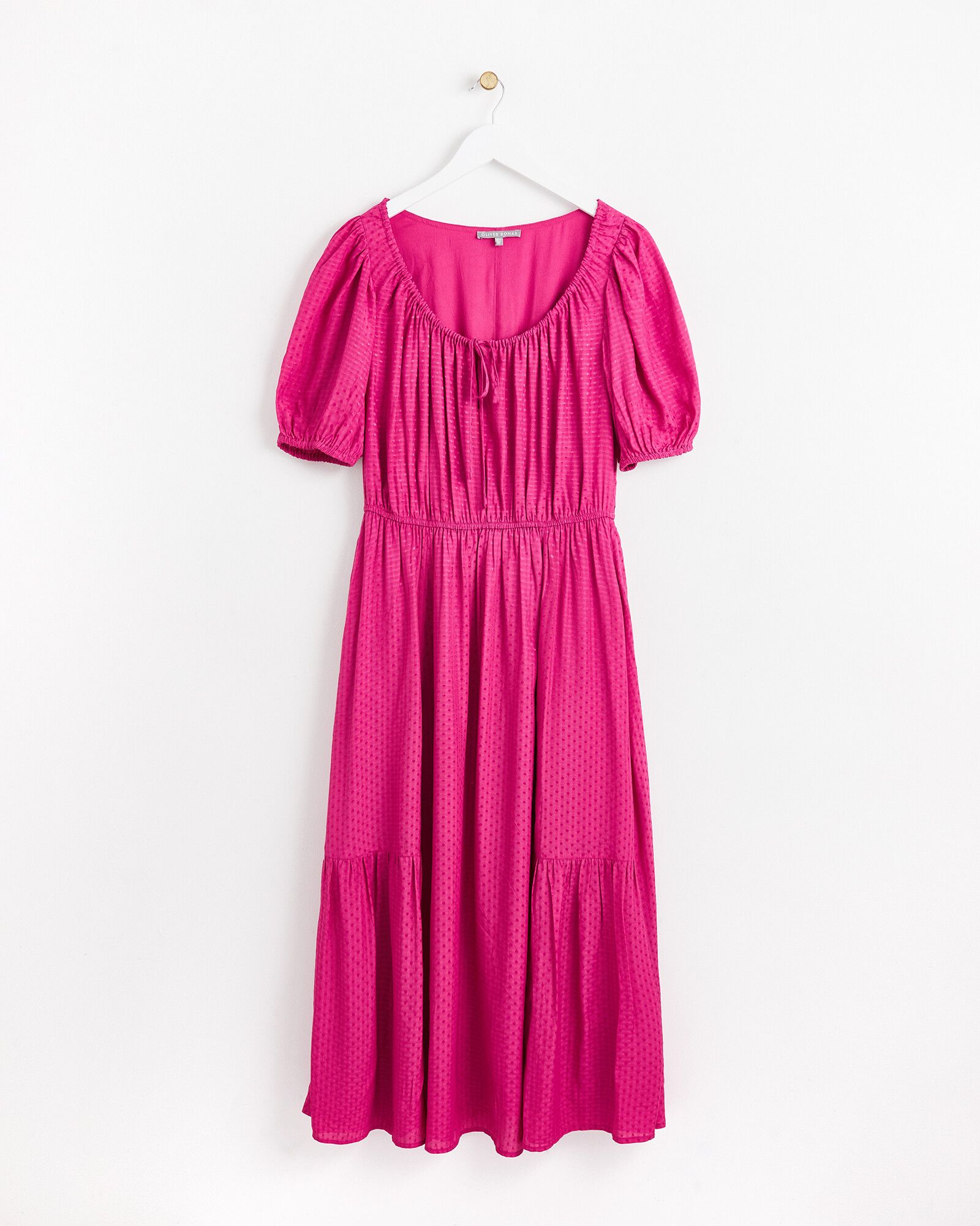 Textured Pink Tiered Midi Dress | Oliver Bonas