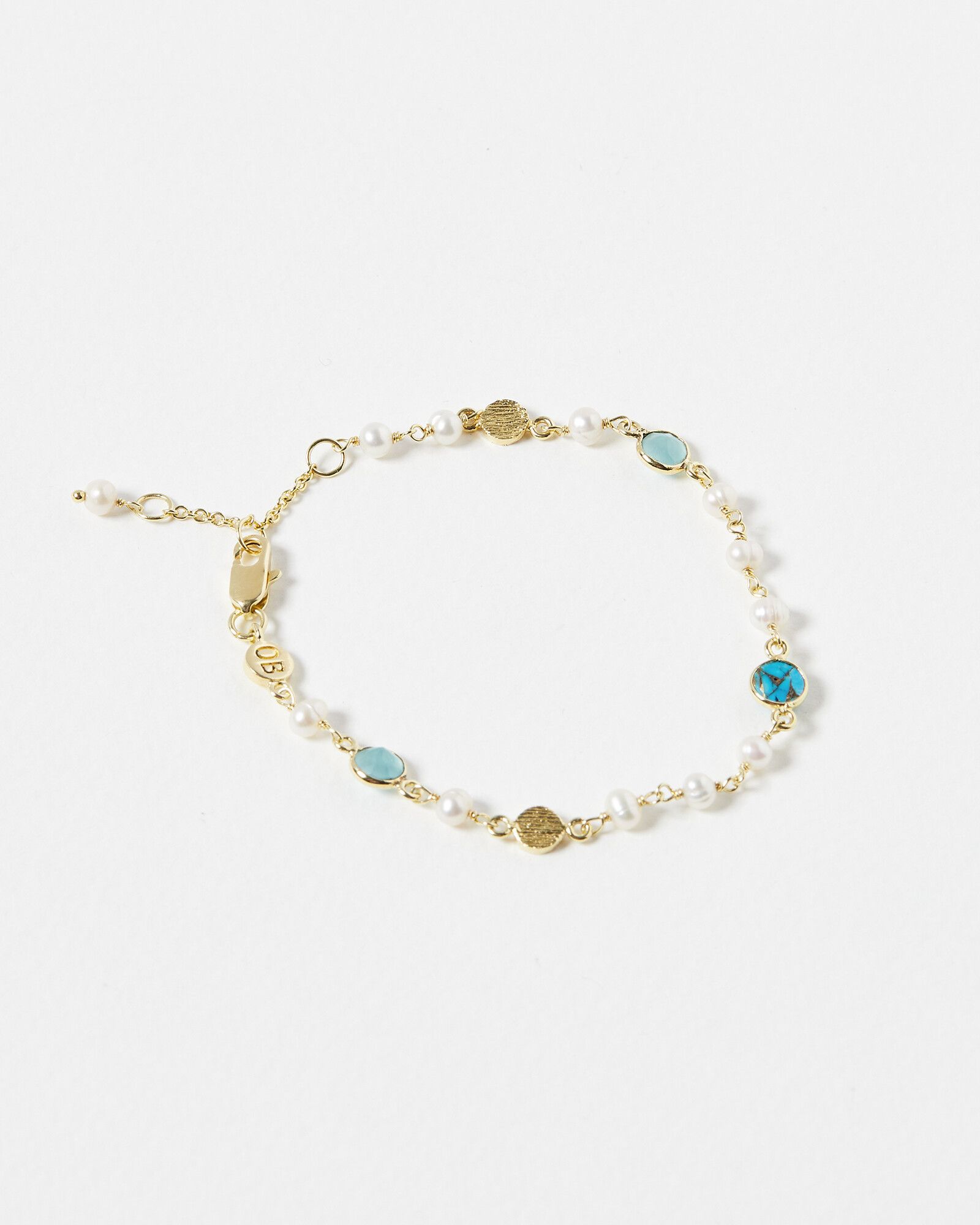 Eartha Aqua Calci, Copper Turquoise & Pearl Gold Plated Chain Bracelet ...