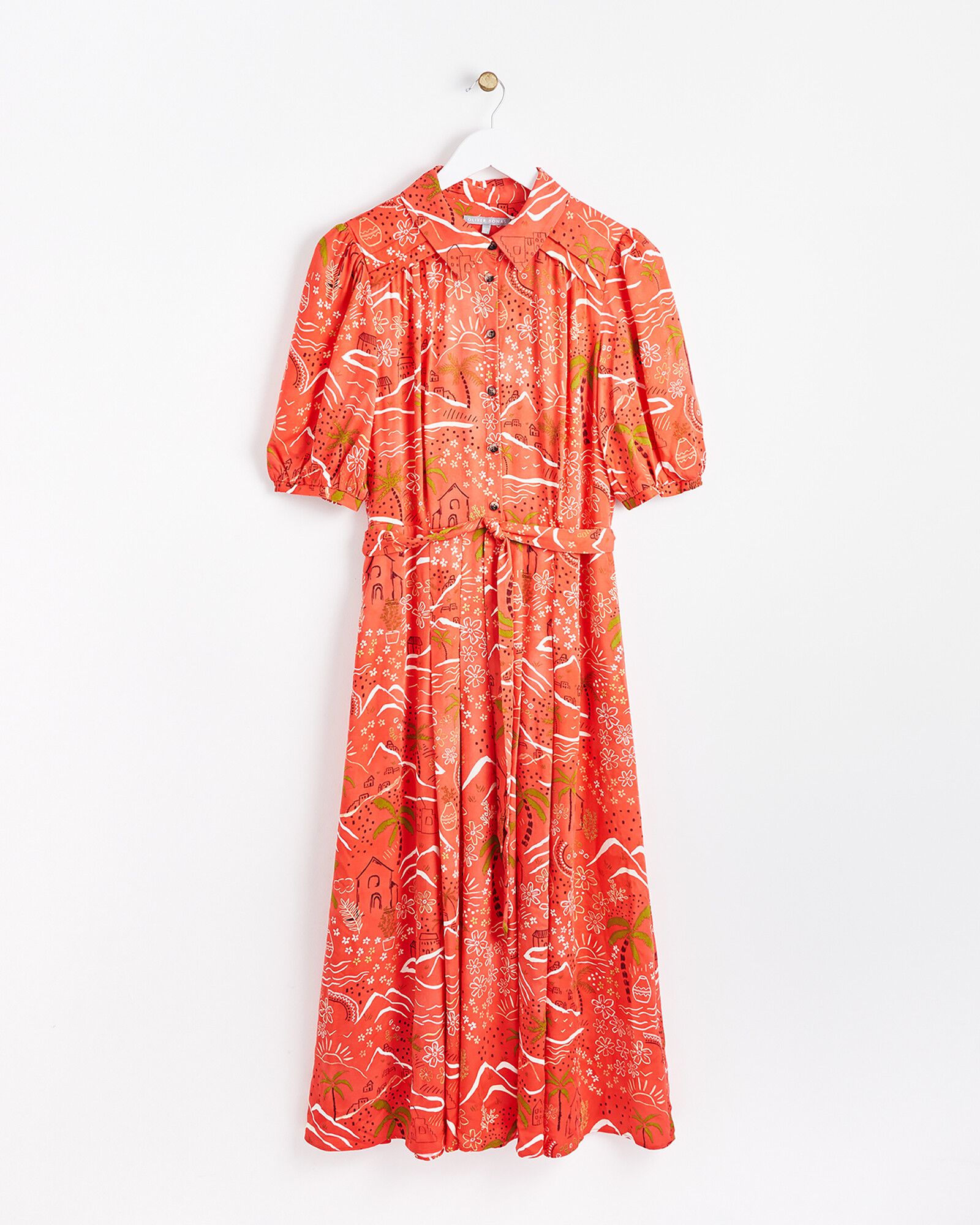 Conversational Print Orange Midi Dress | Oliver Bonas