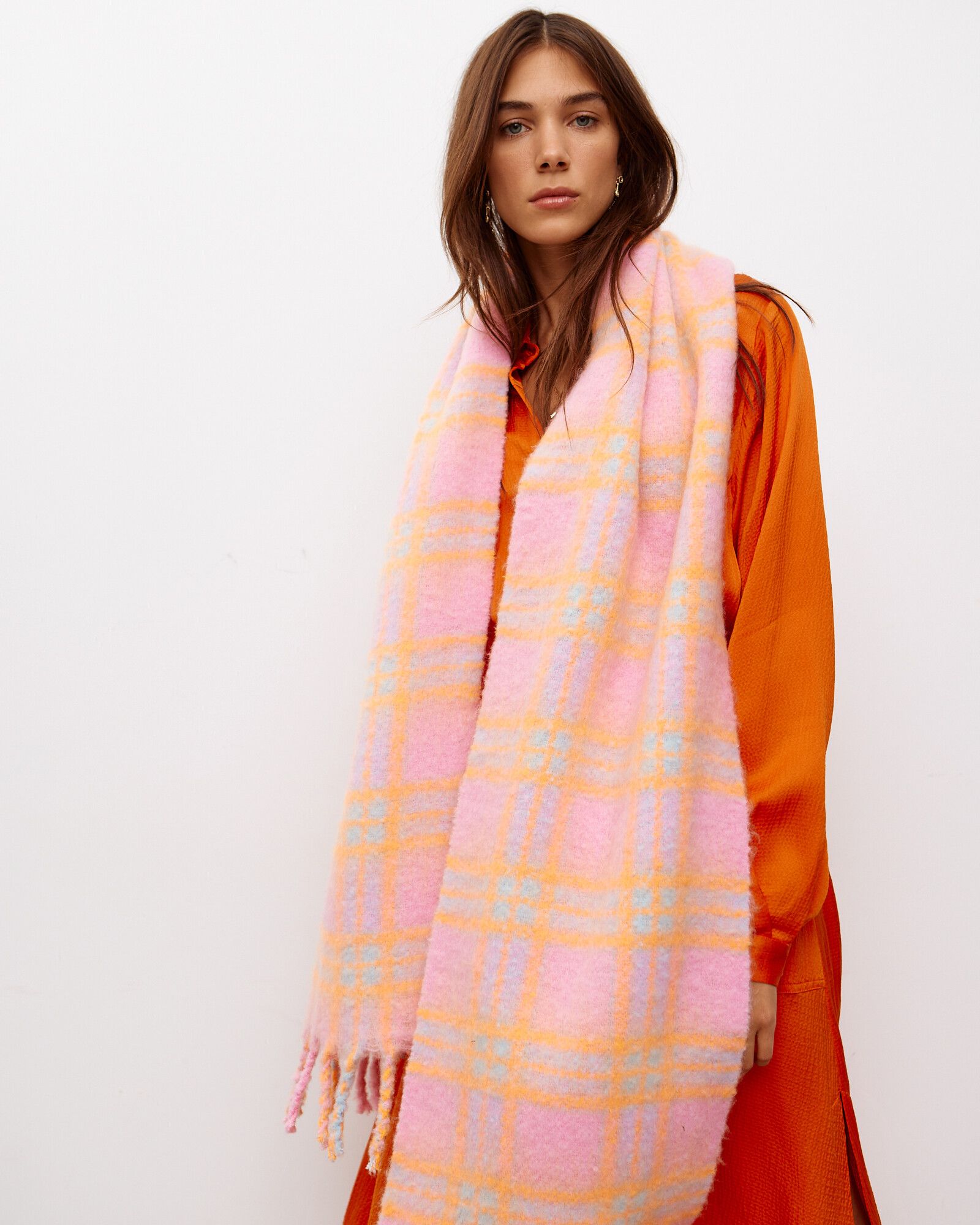 Pink Orange Checked Heavyweight Scarf Oliver Bonas