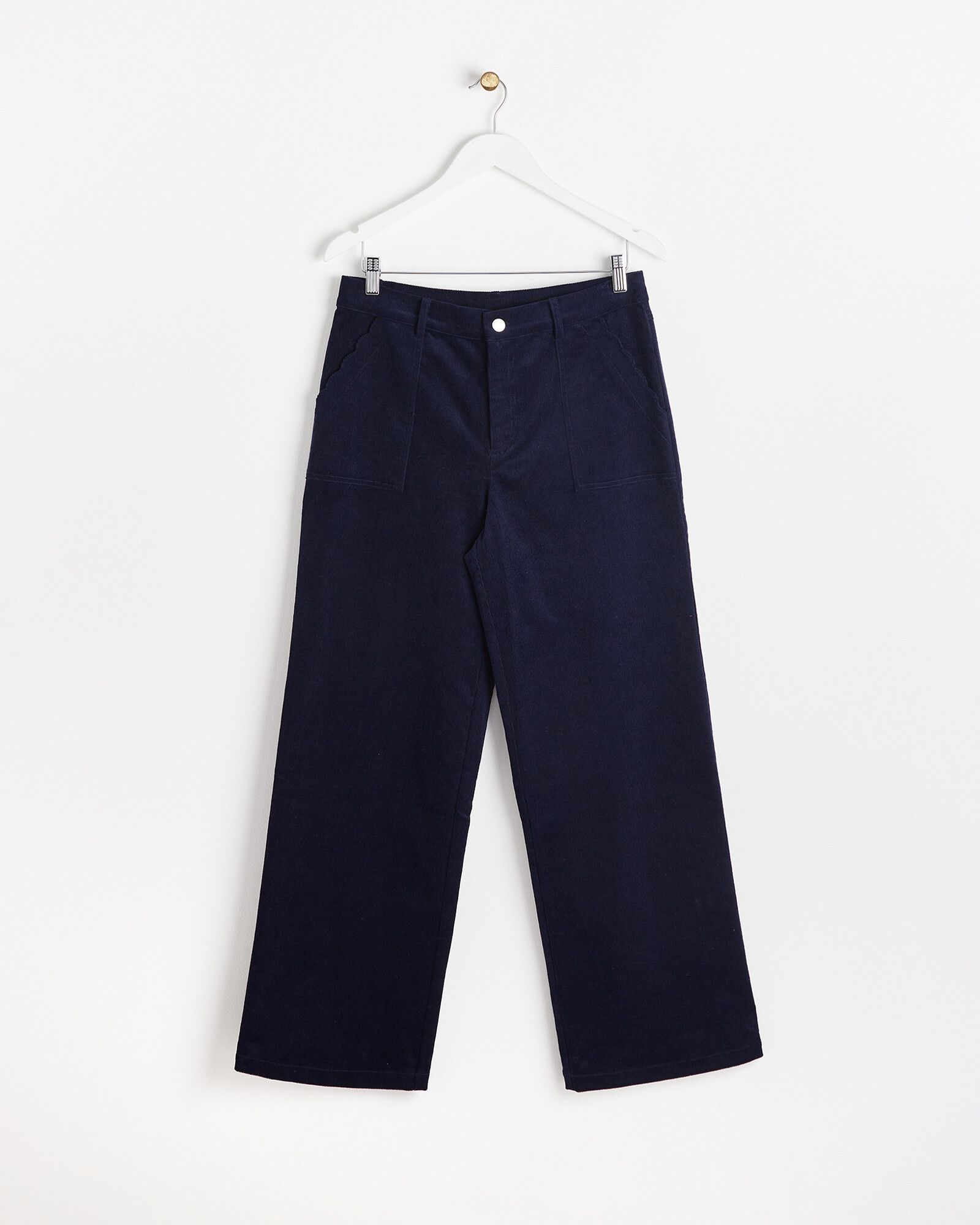 Wide Leg Scalloped Pocket Navy Blue Corduroy Trousers | Oliver Bonas