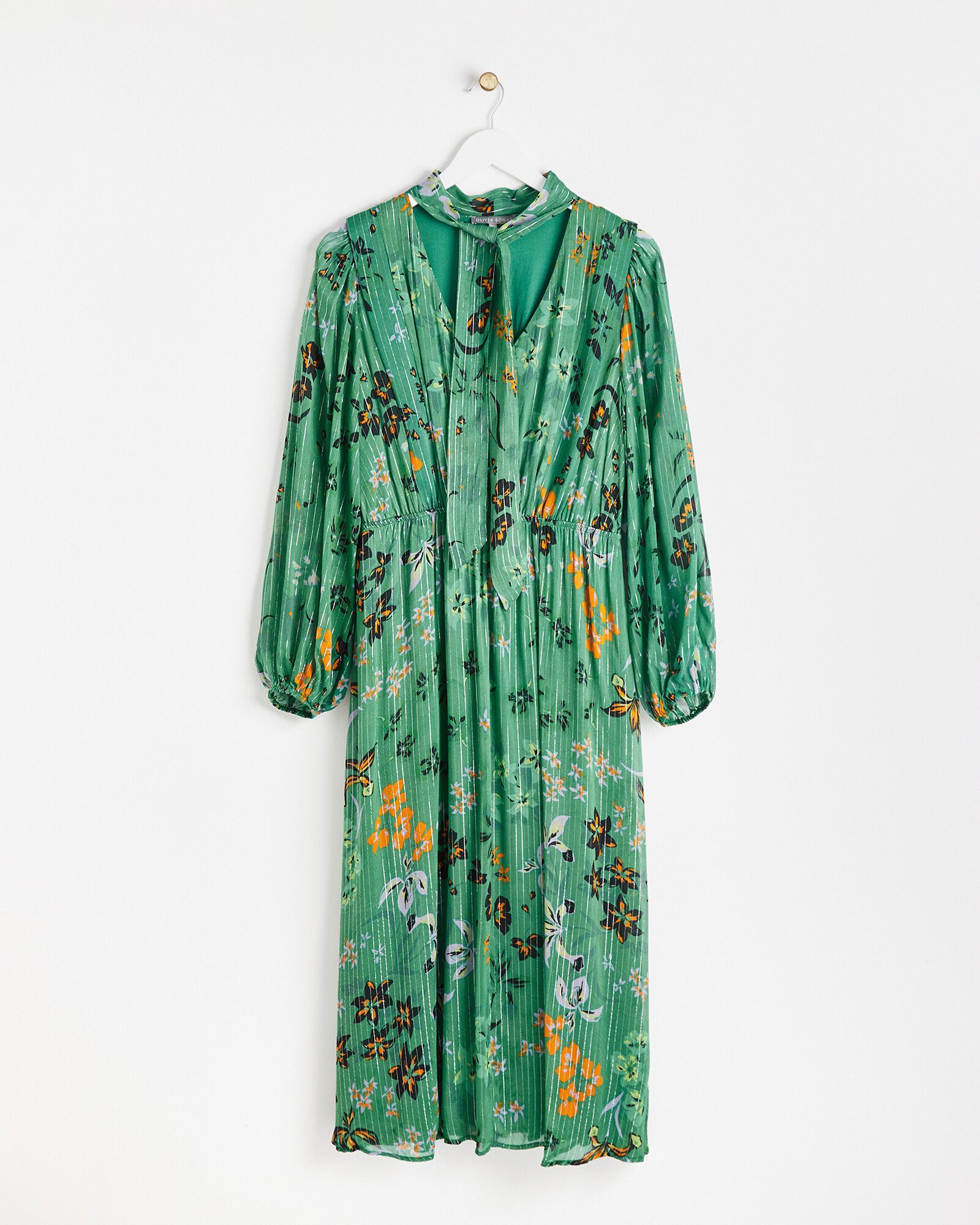 Floral Metallic Stripe Green Midi Dress Oliver Bonas