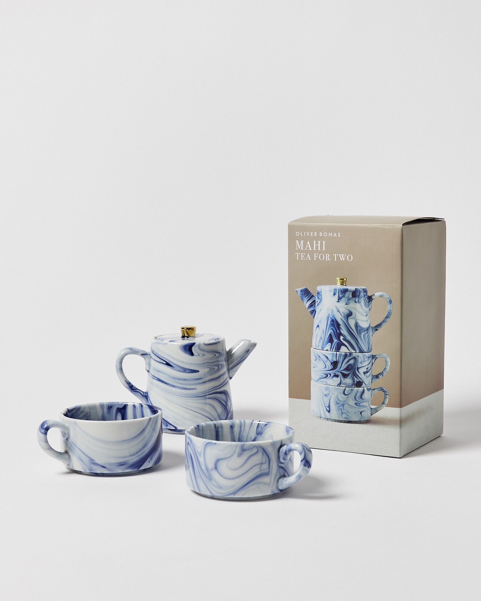 Mahi Marbled Blue Ceramic Tea for Two Set | Oliver Bonas