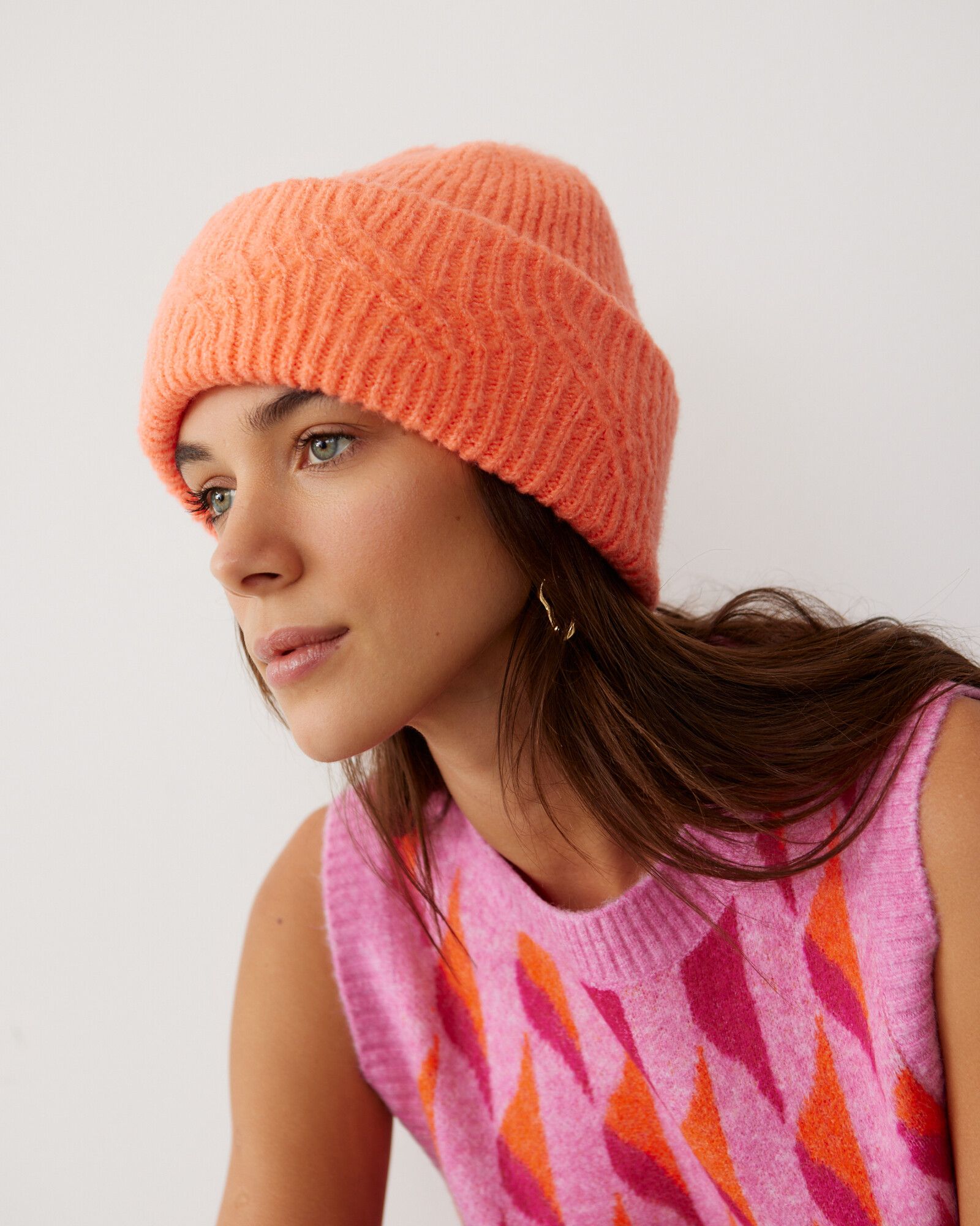 Neon Orange Stitch Knitted Beanie Hat | Oliver Bonas