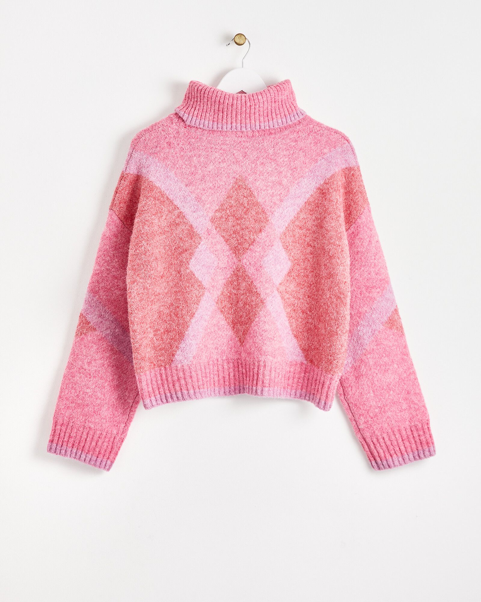 Diamond Pink Roll Neck Knitted Jumper Oliver Bonas