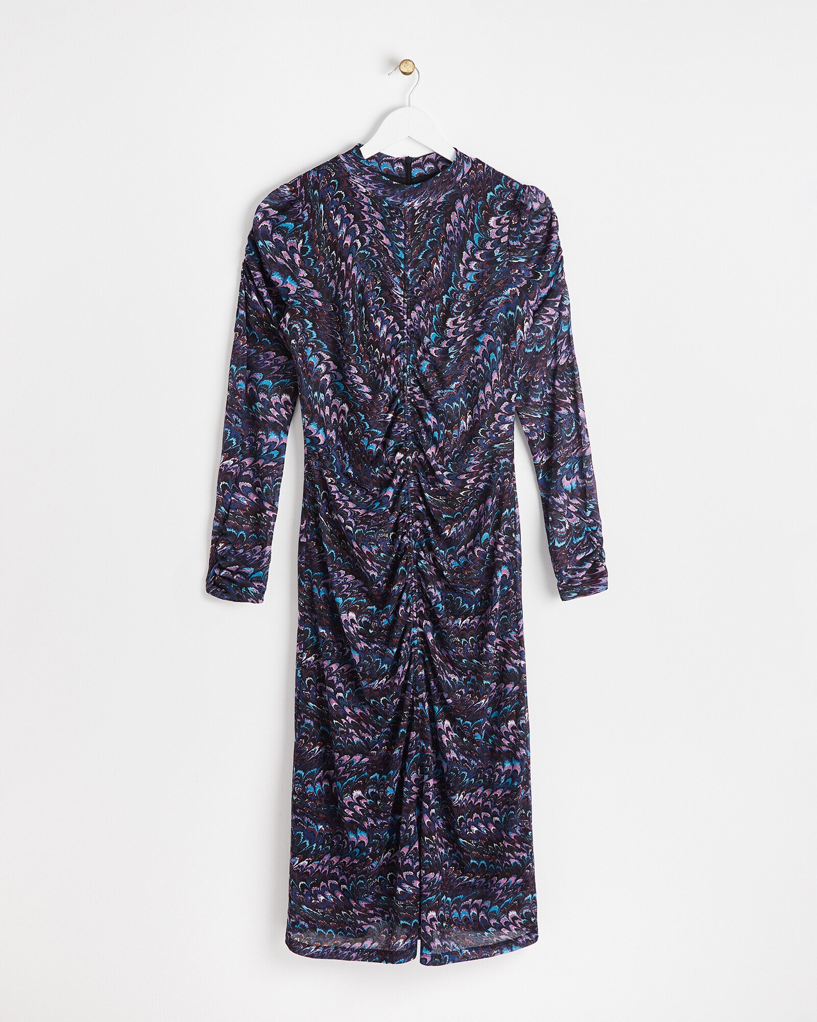 Feather Print Blue Mesh Midi Dress Oliver Bonas US