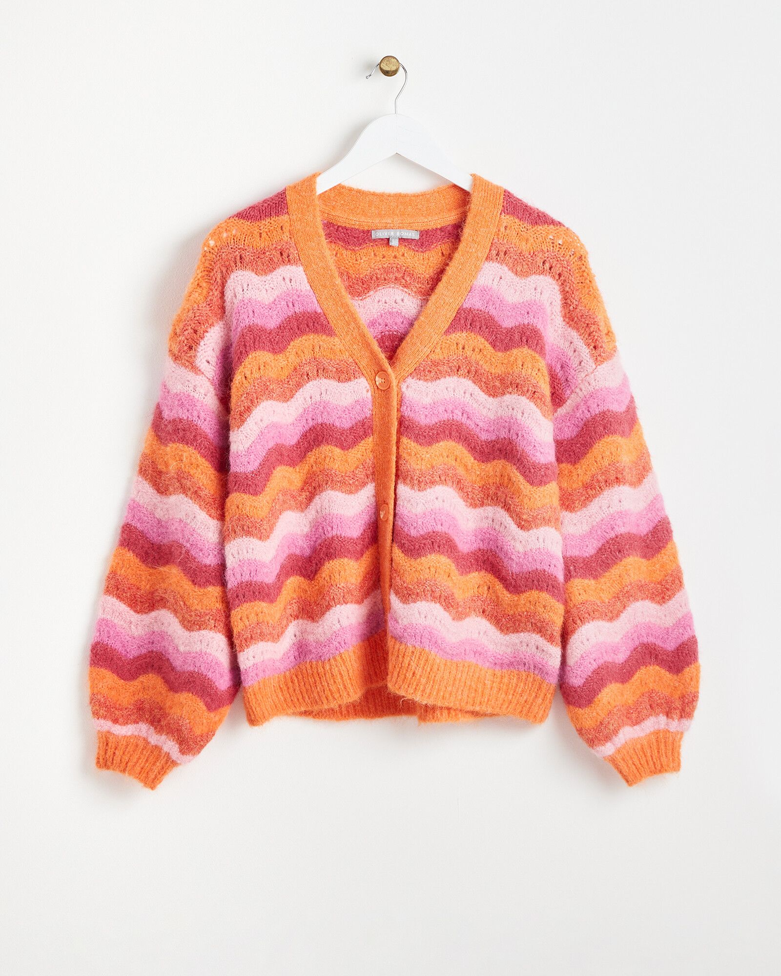 Wavy Stripe Stitch Orange Knitted Cardigan | Oliver Bonas